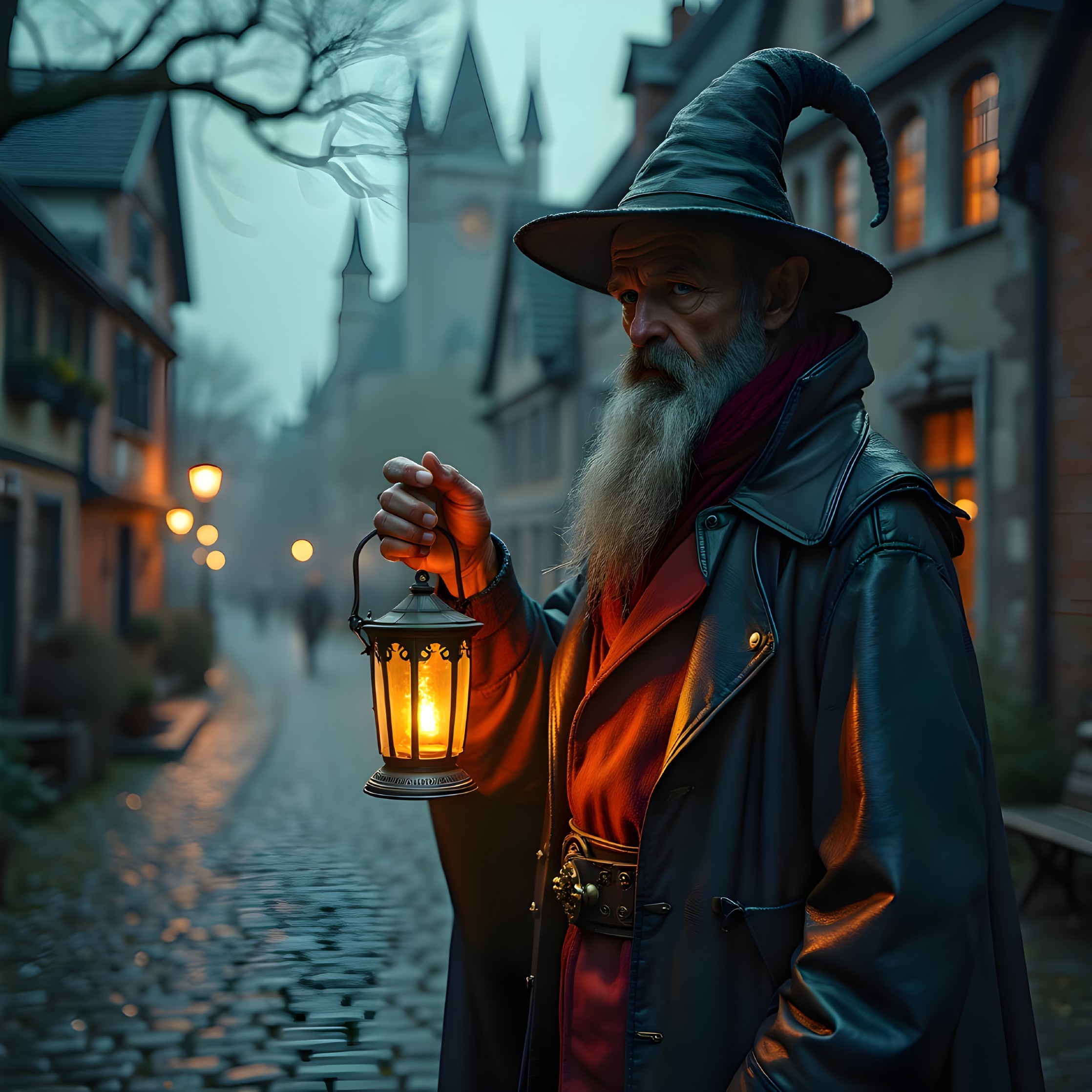 Mysterious Figure with Lantern in Foggy Street