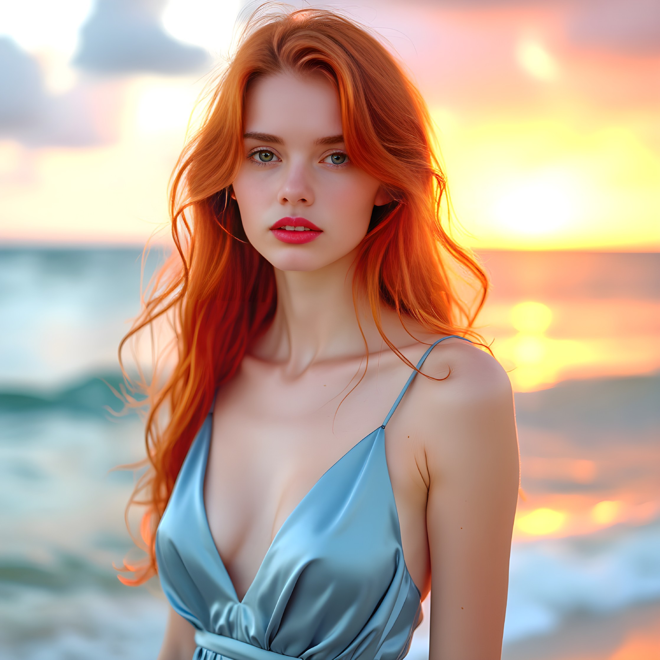 Young Woman in Blue Dress at Sunset Beach Scene