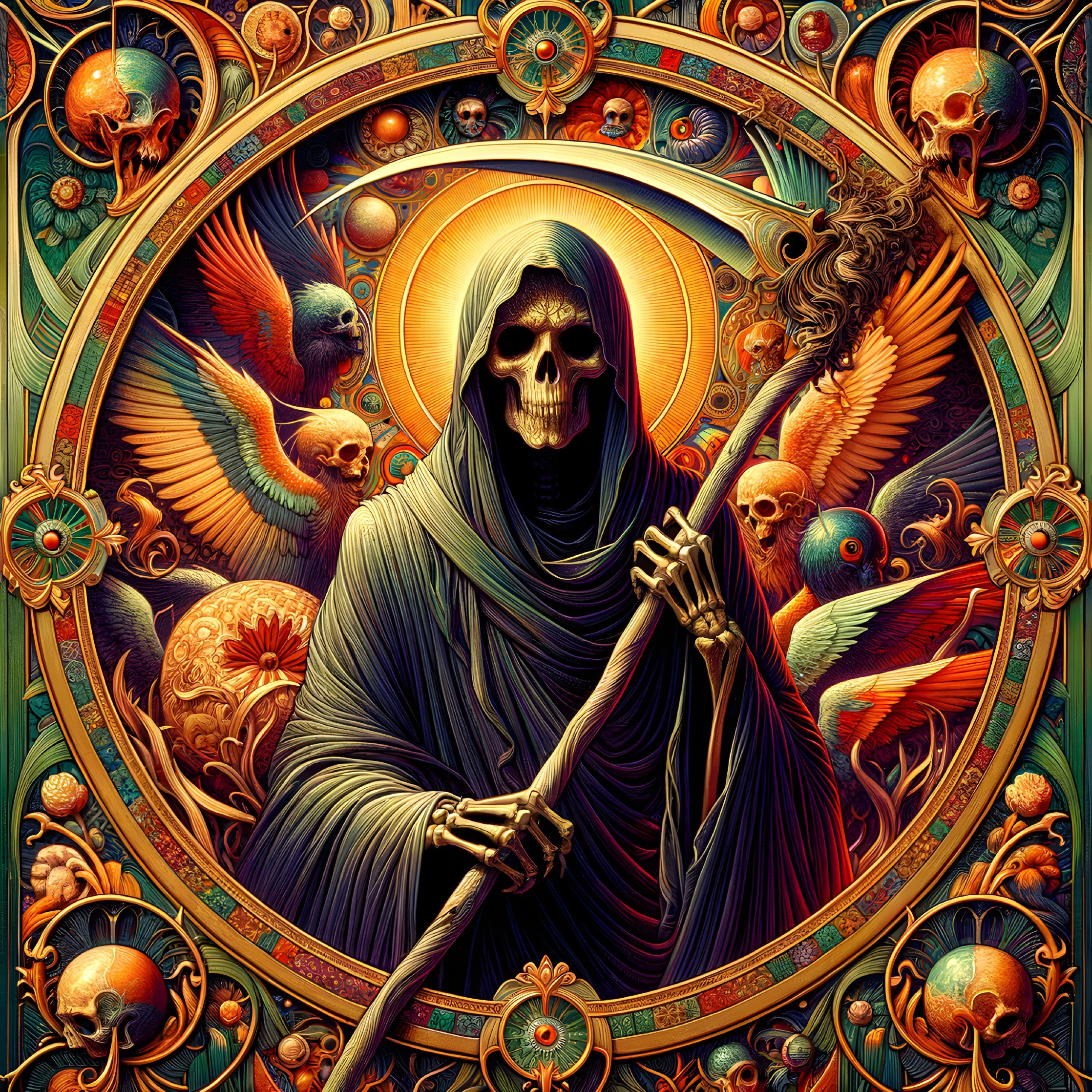 Grim Reaper Figure with Halo and Vibrant Motifs