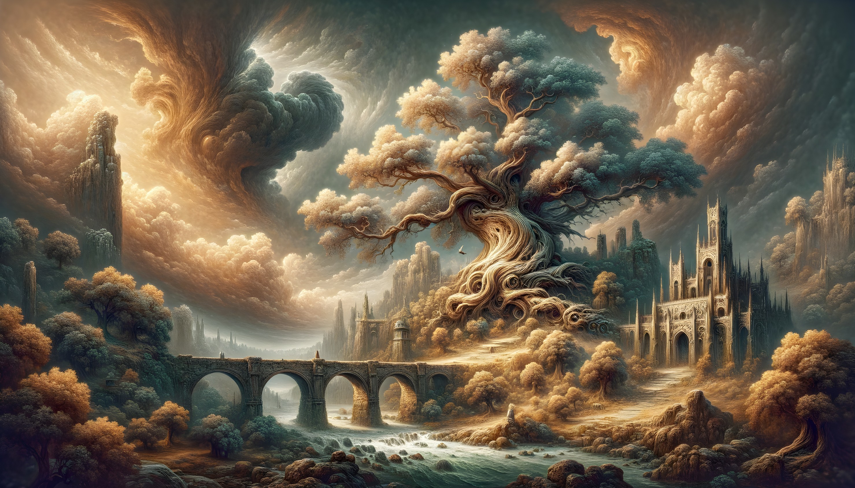 Mystical landscape with ancient tree, ruins, bridge, and dramatic clouds