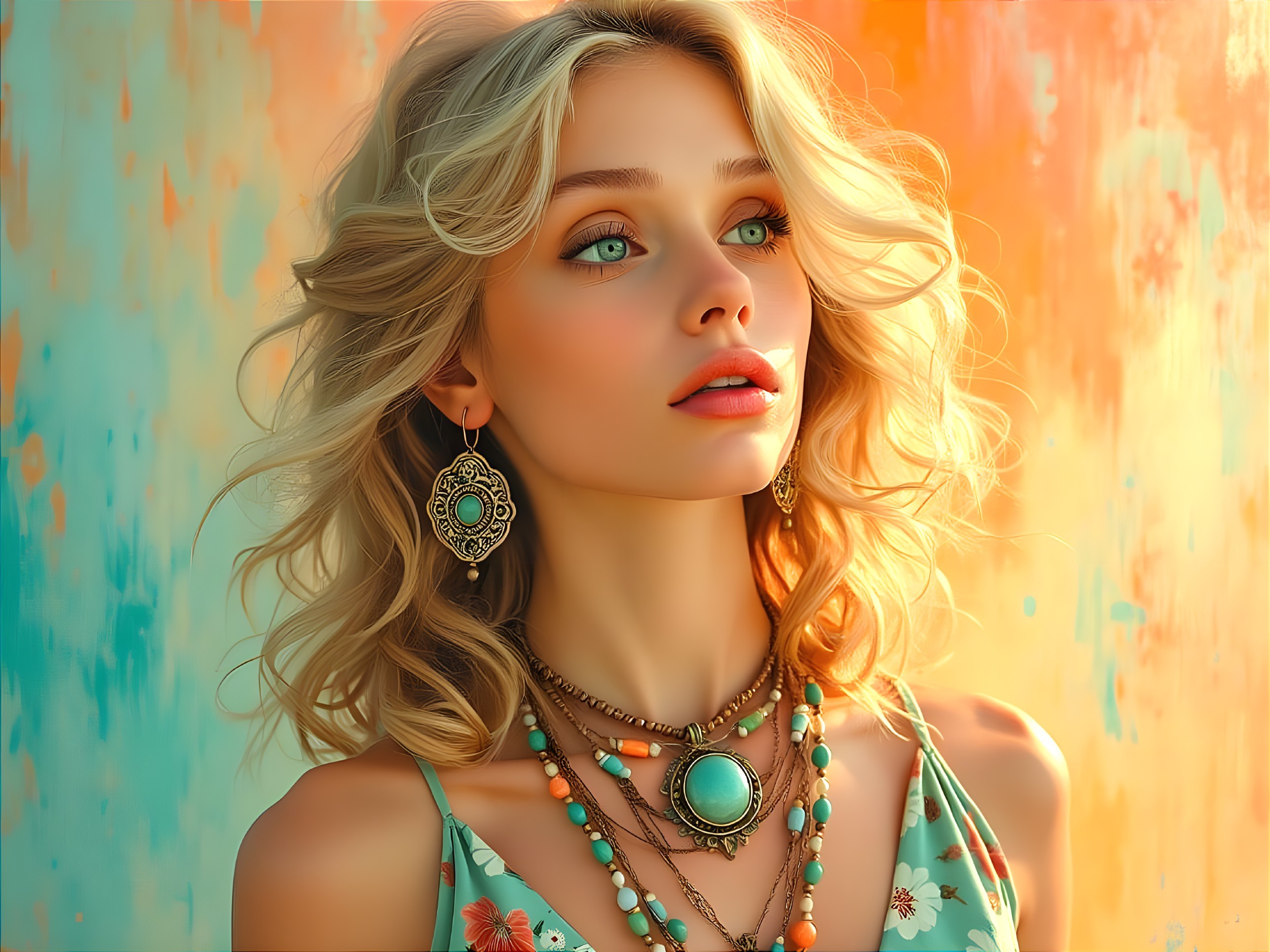 Young woman in floral dress against abstract background