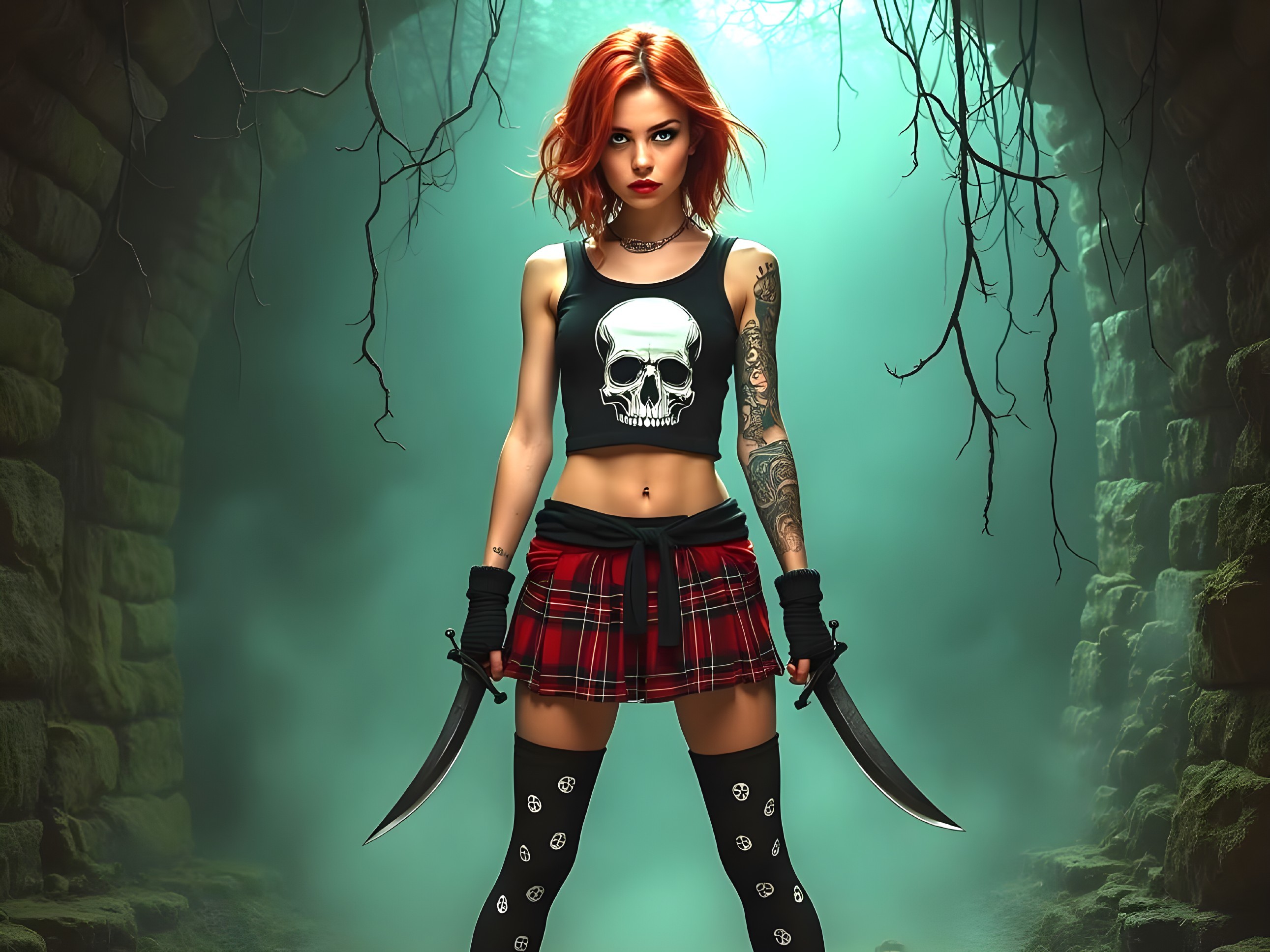 Confident Young Woman in Edgy Fashion with Swords