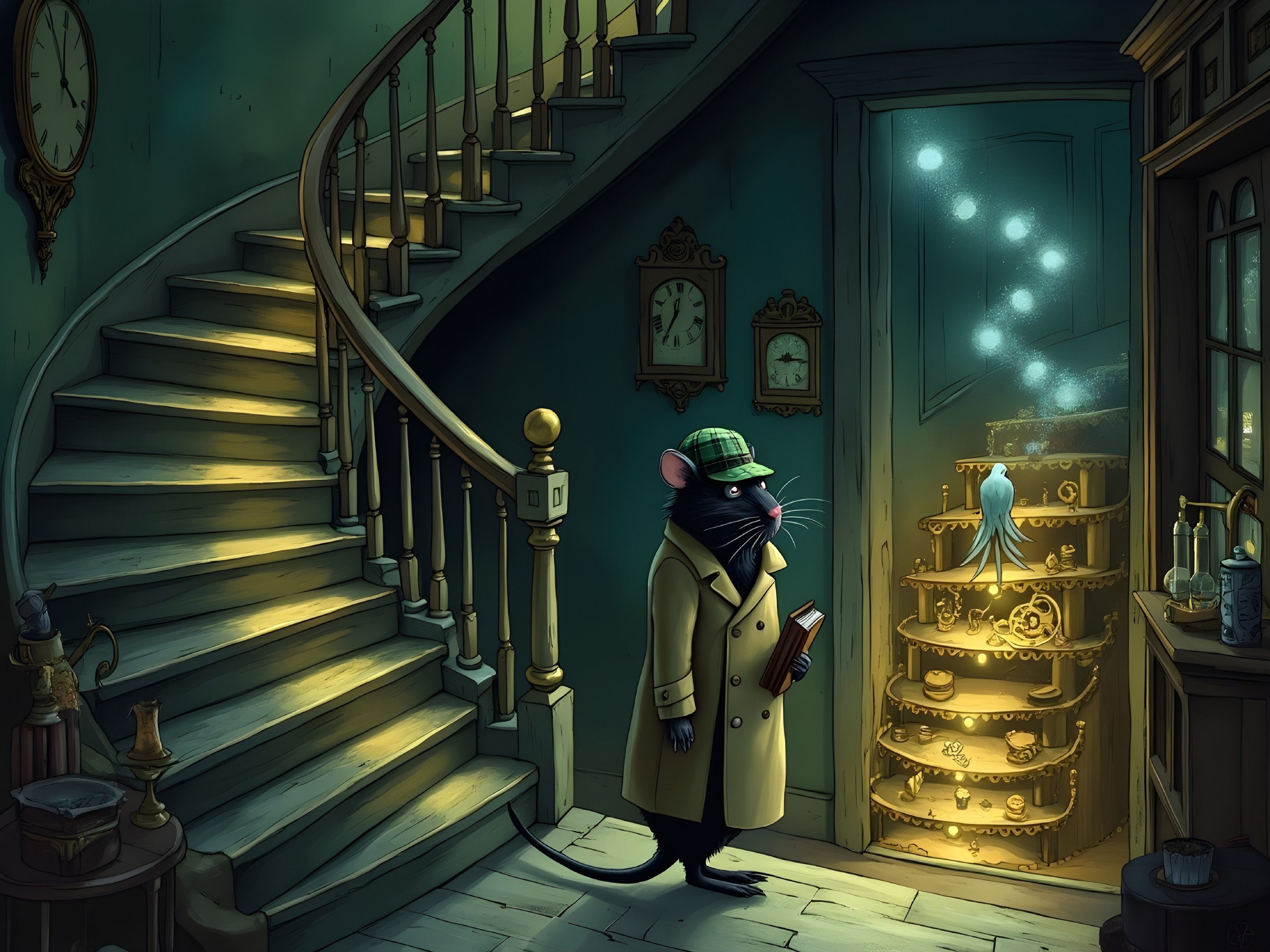 Stylish Mouse in Trench Coat at Mysterious Doorway