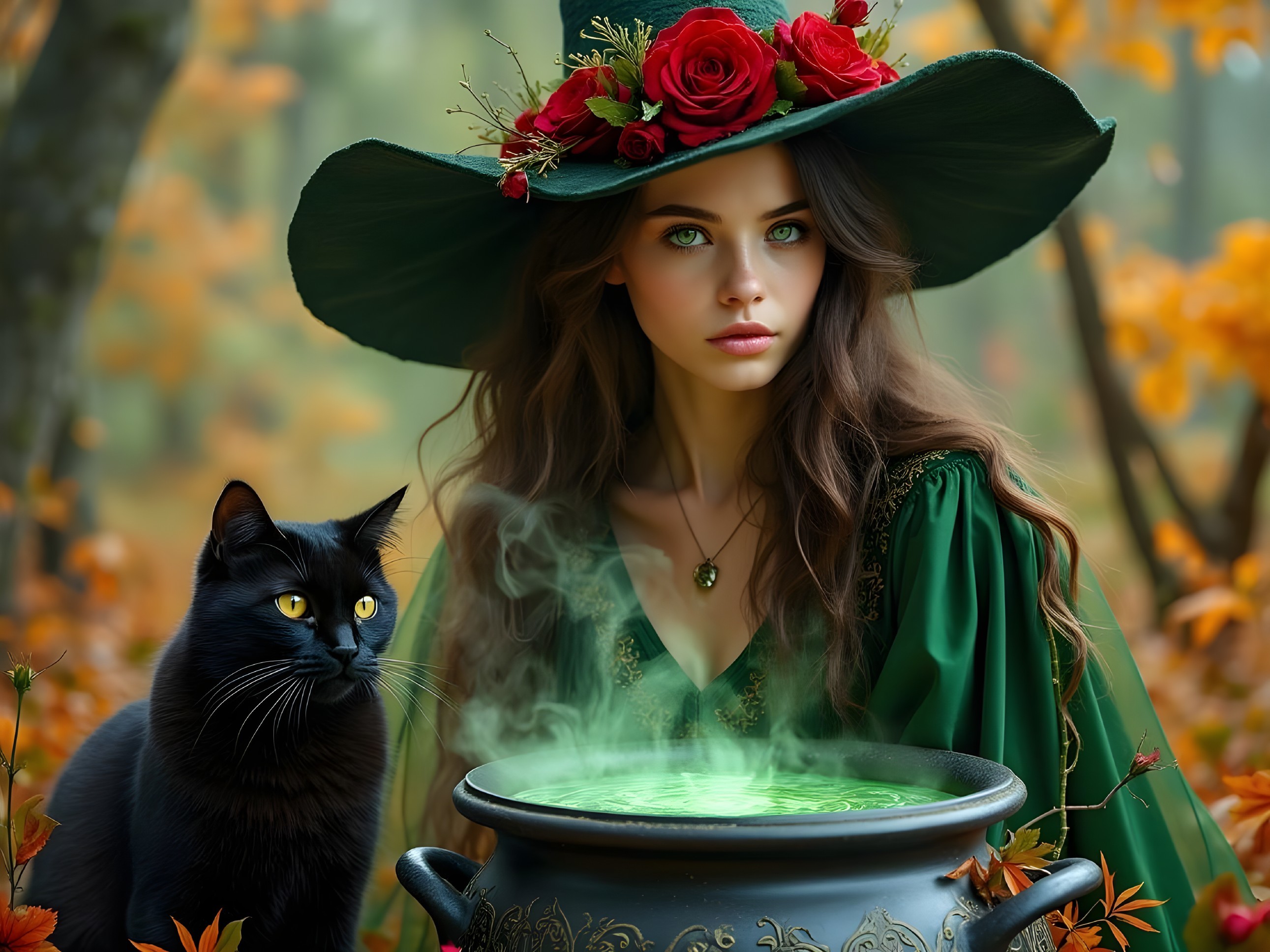 Young Woman in Green Robe with Cauldron and Cat