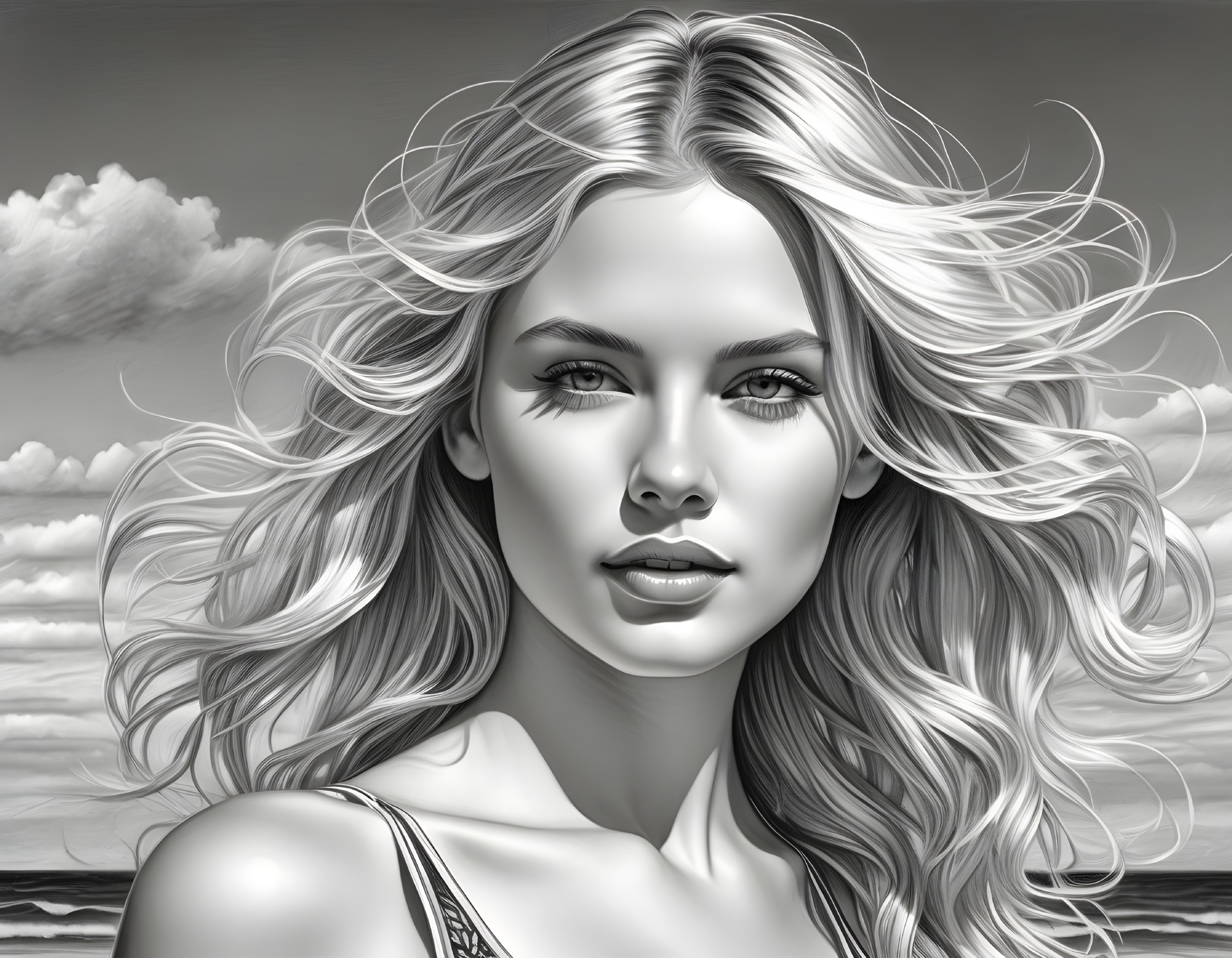 Black and White Portrait of a Young Woman with Waves