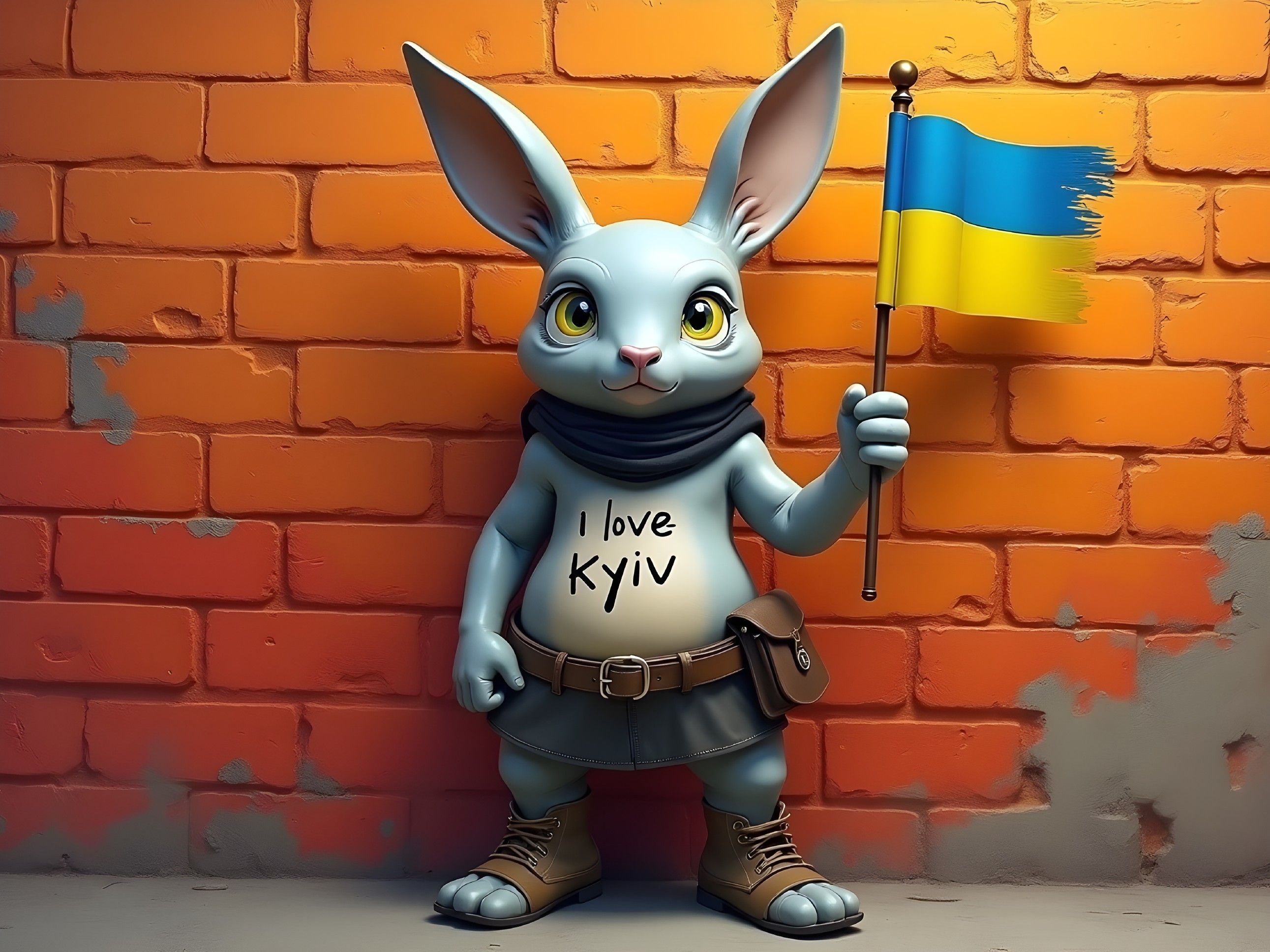 Cartoon Rabbit with Flag Against Orange Brick Wall