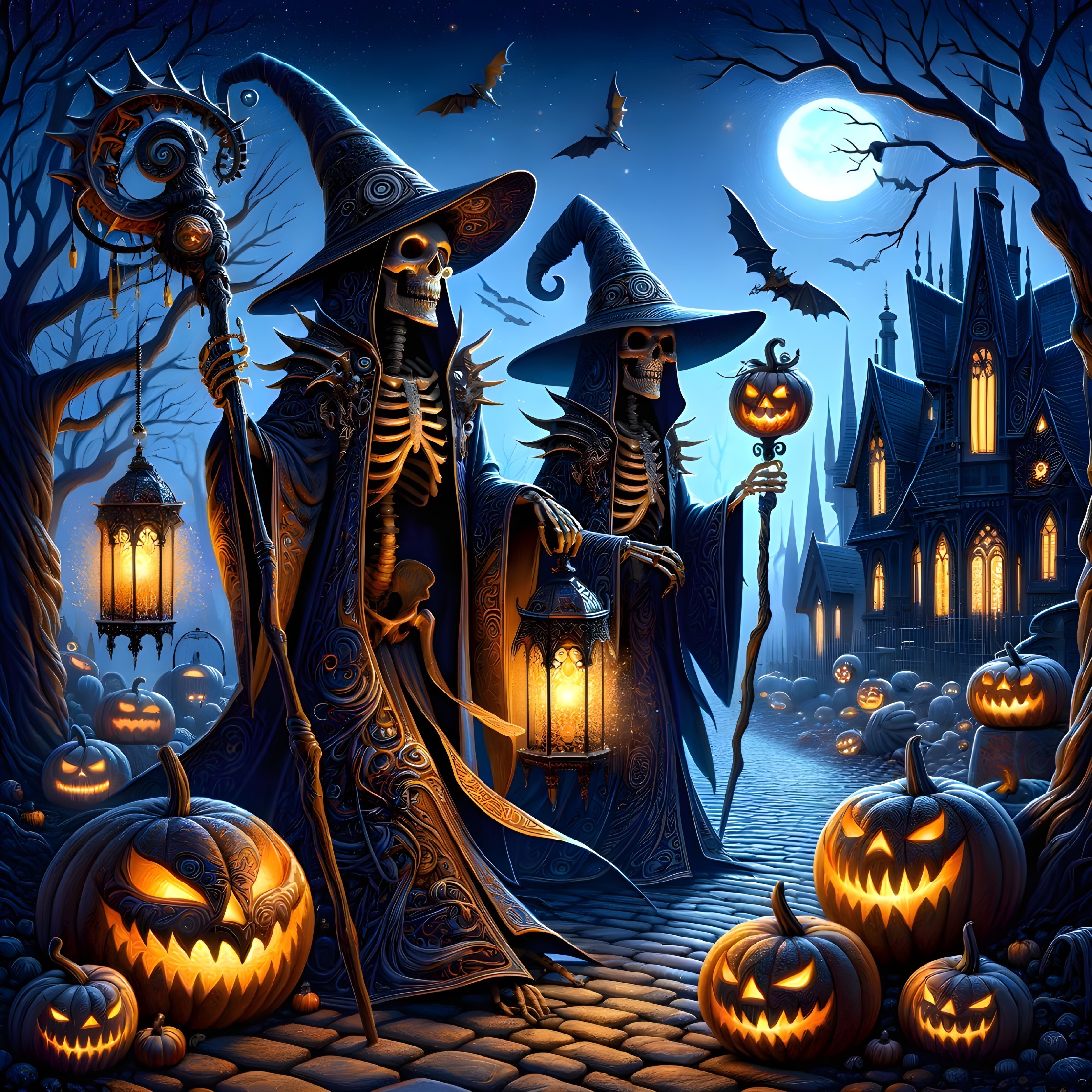 Witches in Skeleton Costumes on Moonlit Pathway