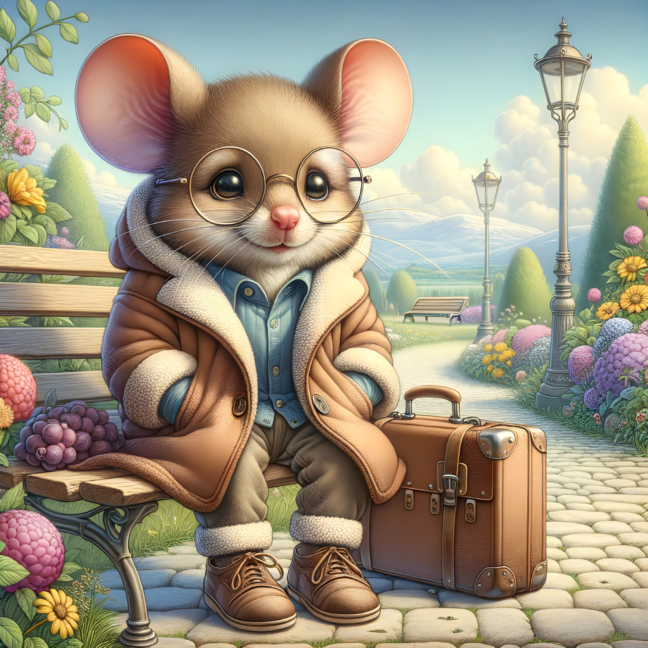 Anthropomorphic mouse on park bench with vintage suitcase