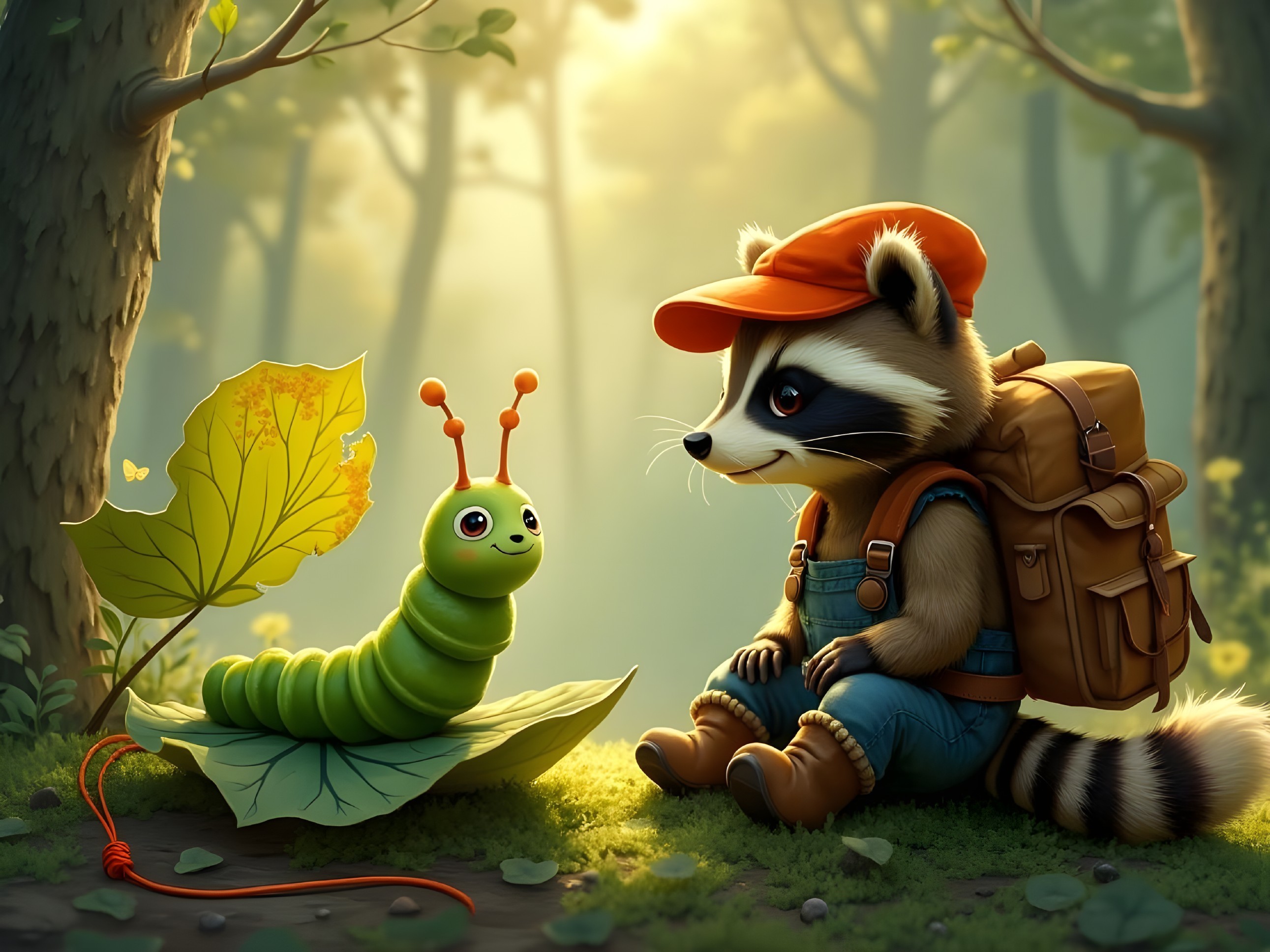 Raccoon and Caterpillar Friendship in a Forest Setting