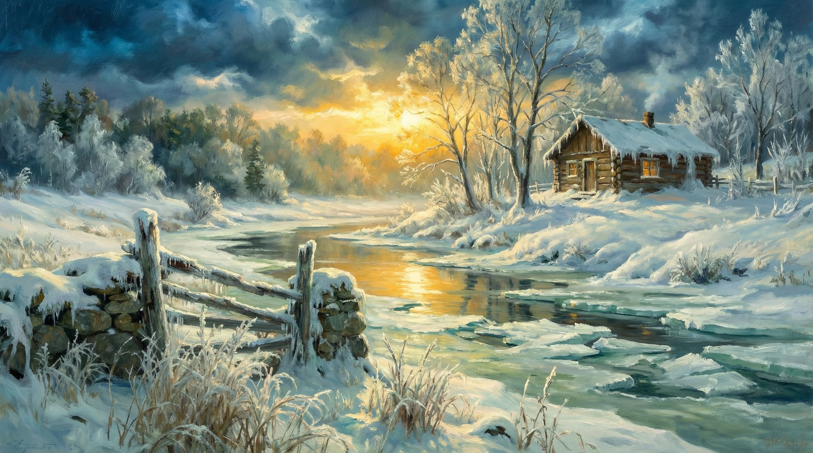 Panoramic Oil Painting of a Cozy Snowy Log Cabin