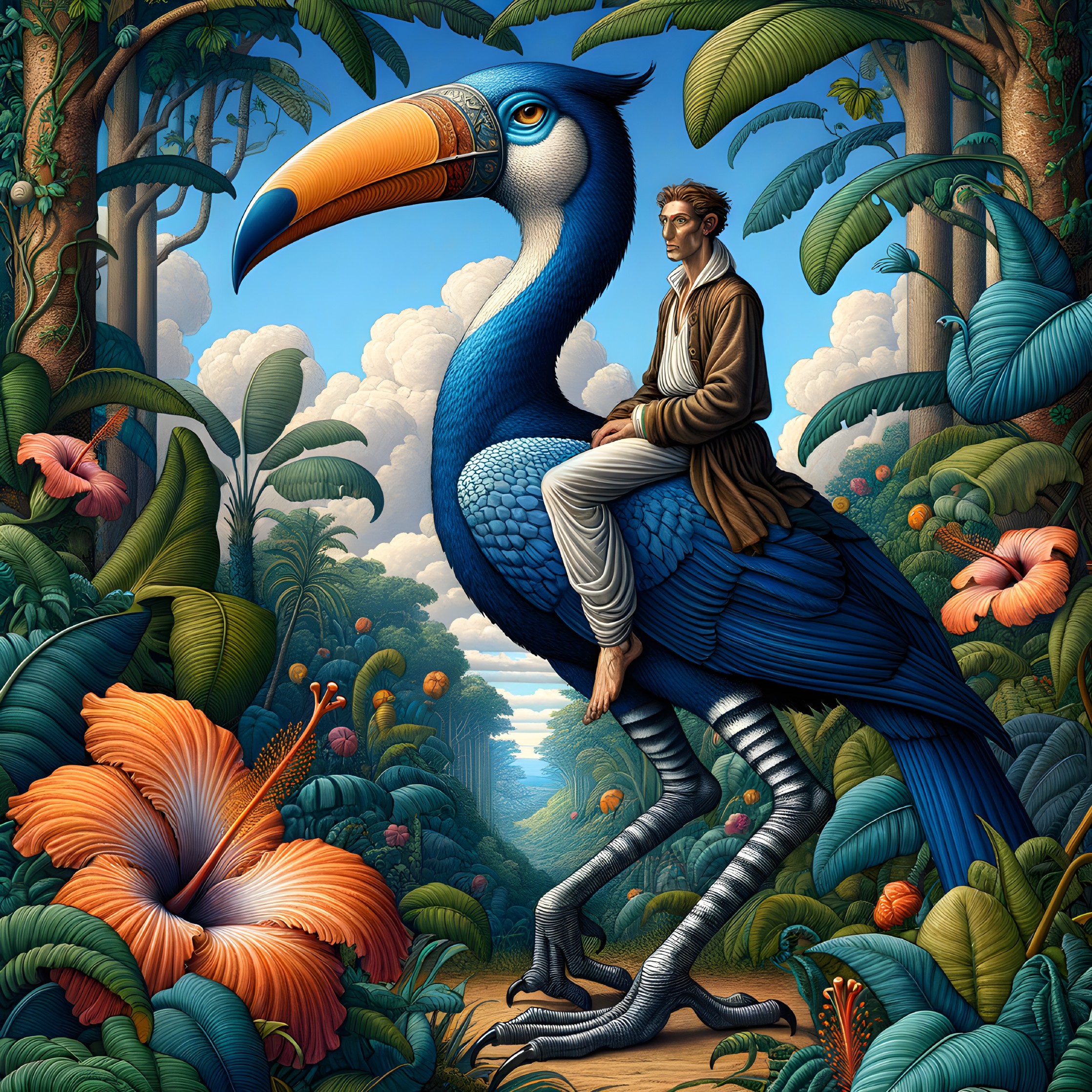 Man on Large Bird in Vibrant Tropical Landscape