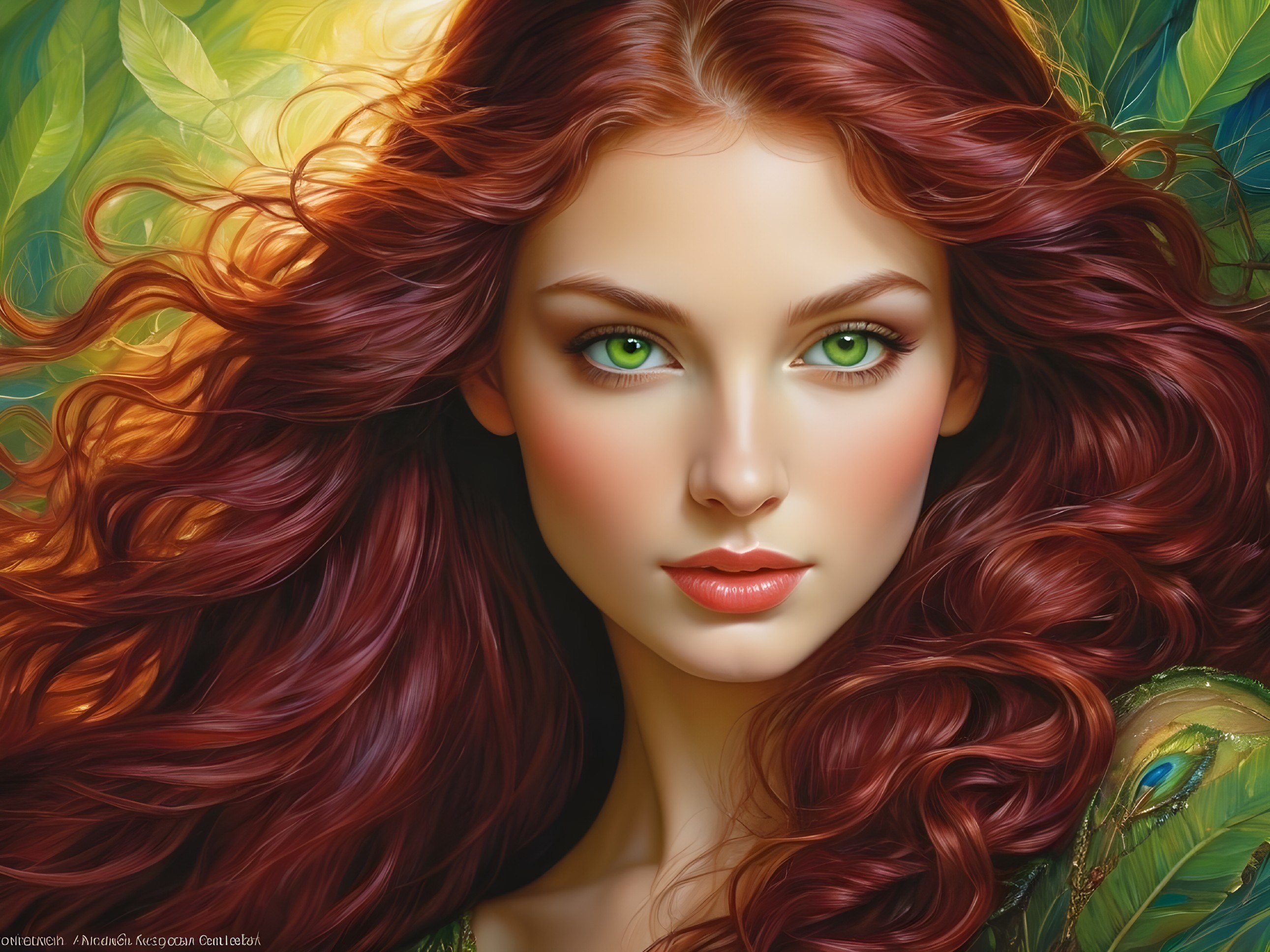 Young woman with auburn hair and green eyes in nature