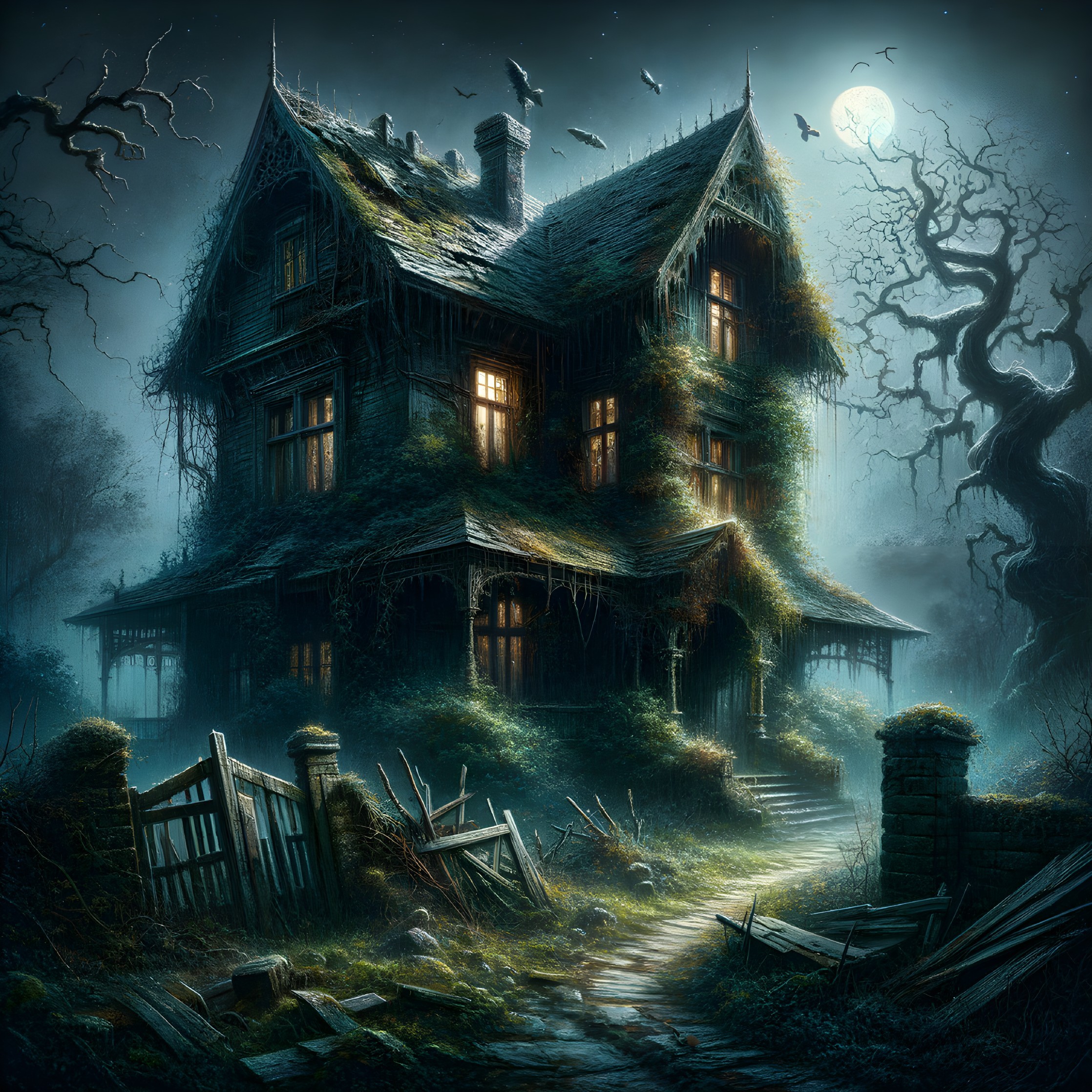 Old mansion in moonlit landscape with eerie atmosphere