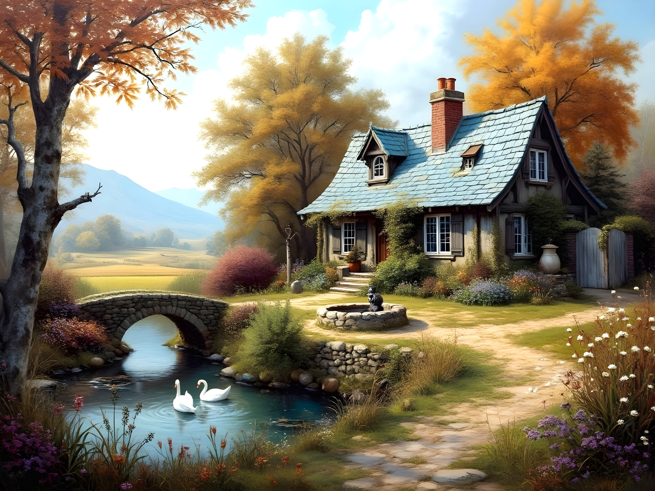 Cottage in Autumn Landscape with Swans and Bridge