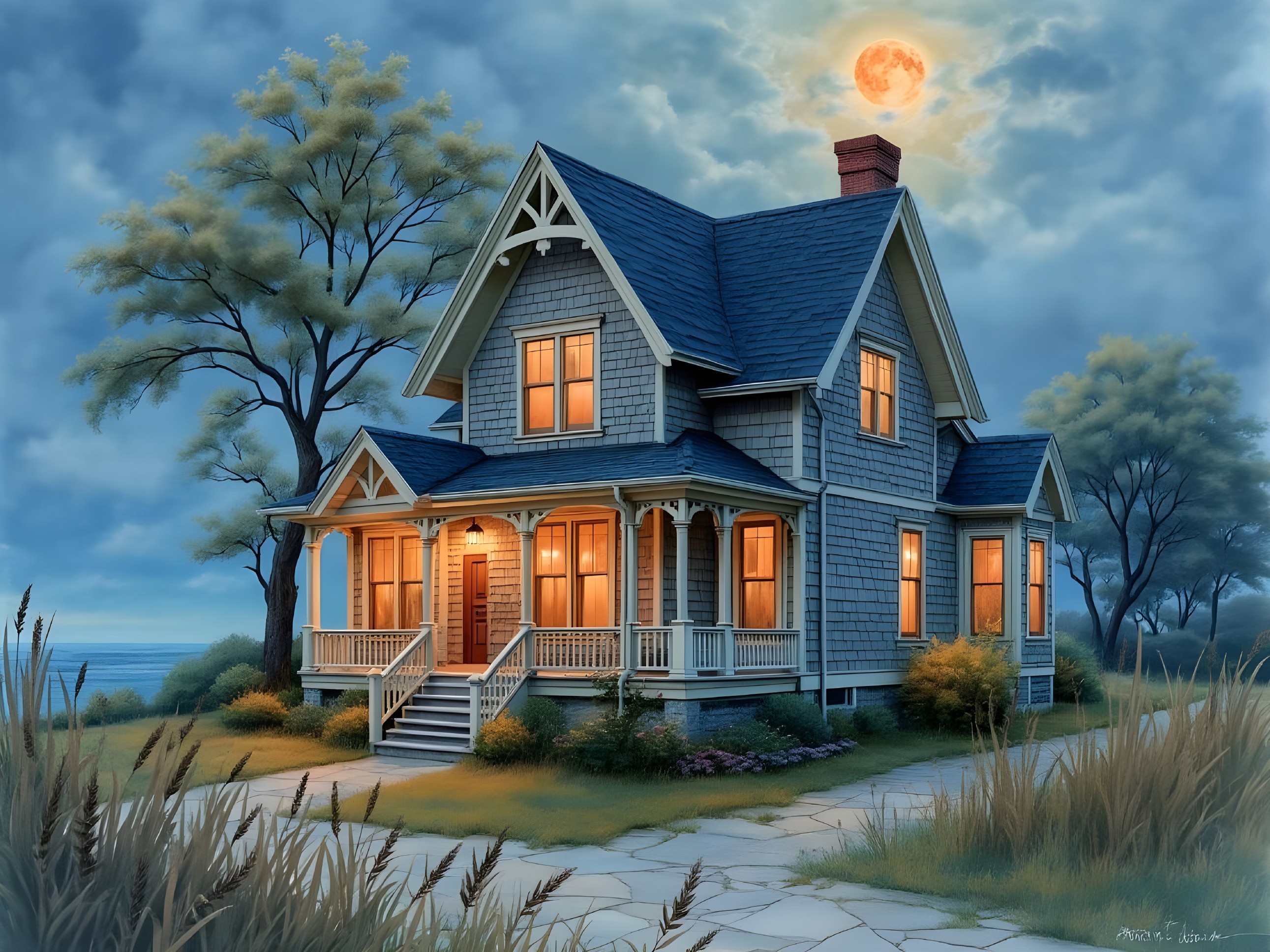 Seaside Victorian House Under Full Moonlight
