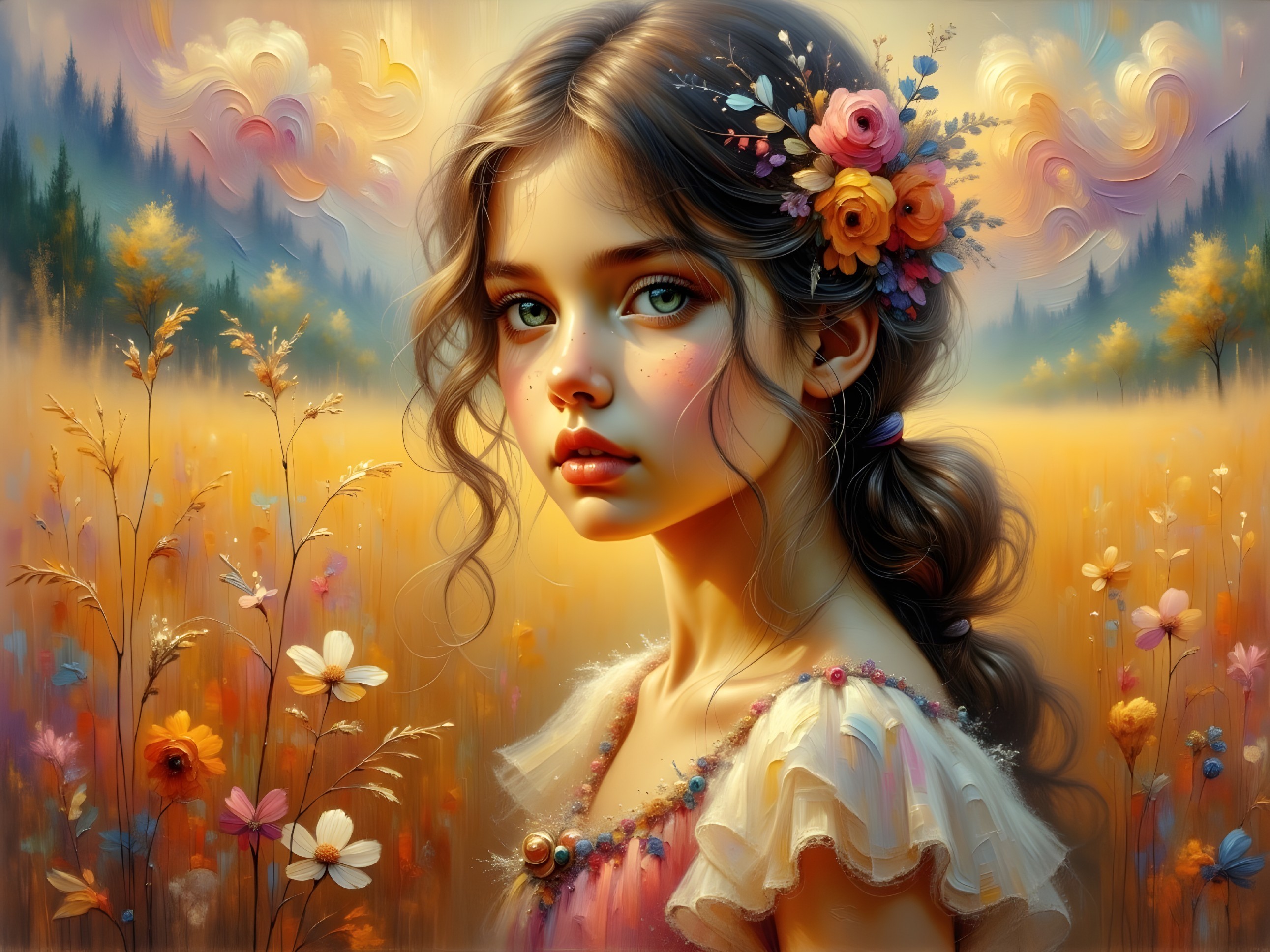 Young girl in a pastel dress in a golden field