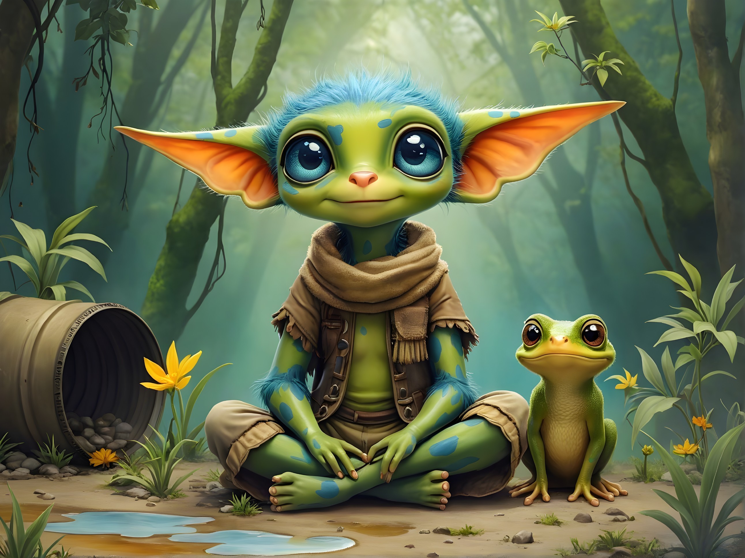 Whimsical Creature and Frog in a Verdant Forest