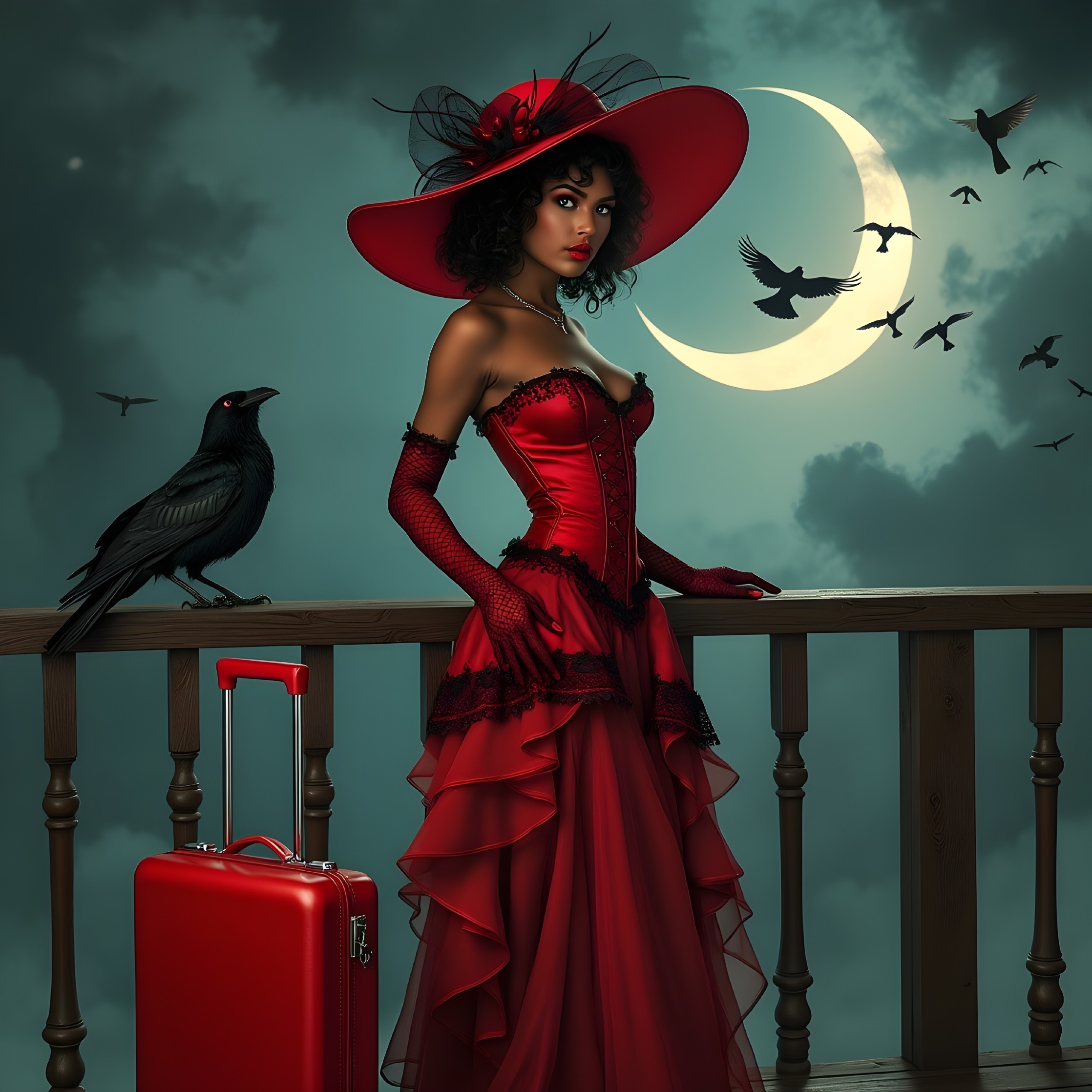 Woman in Red Dress on Balcony with Crescent Moon