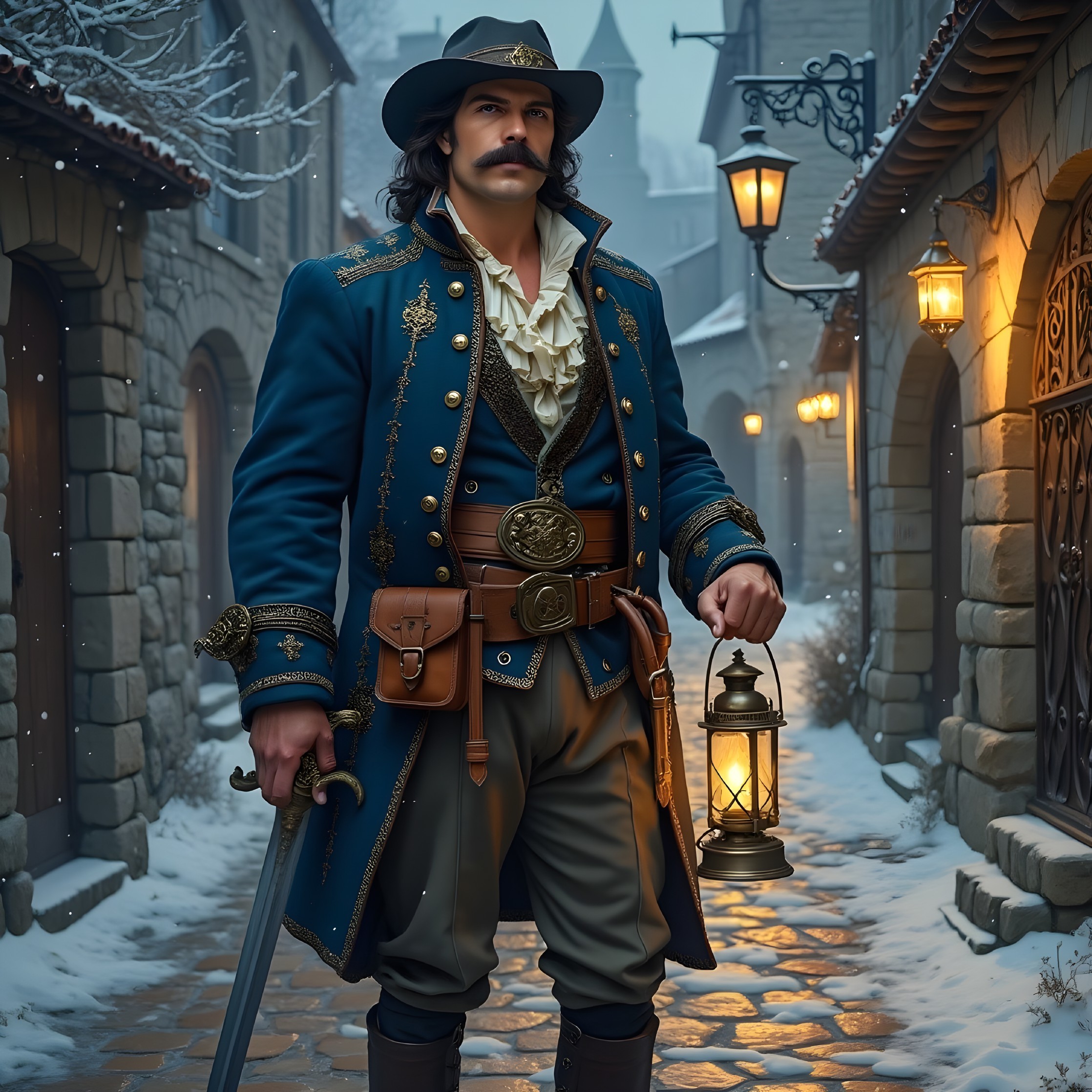 Dapper Figure in Snowy Cobblestone Street Scene