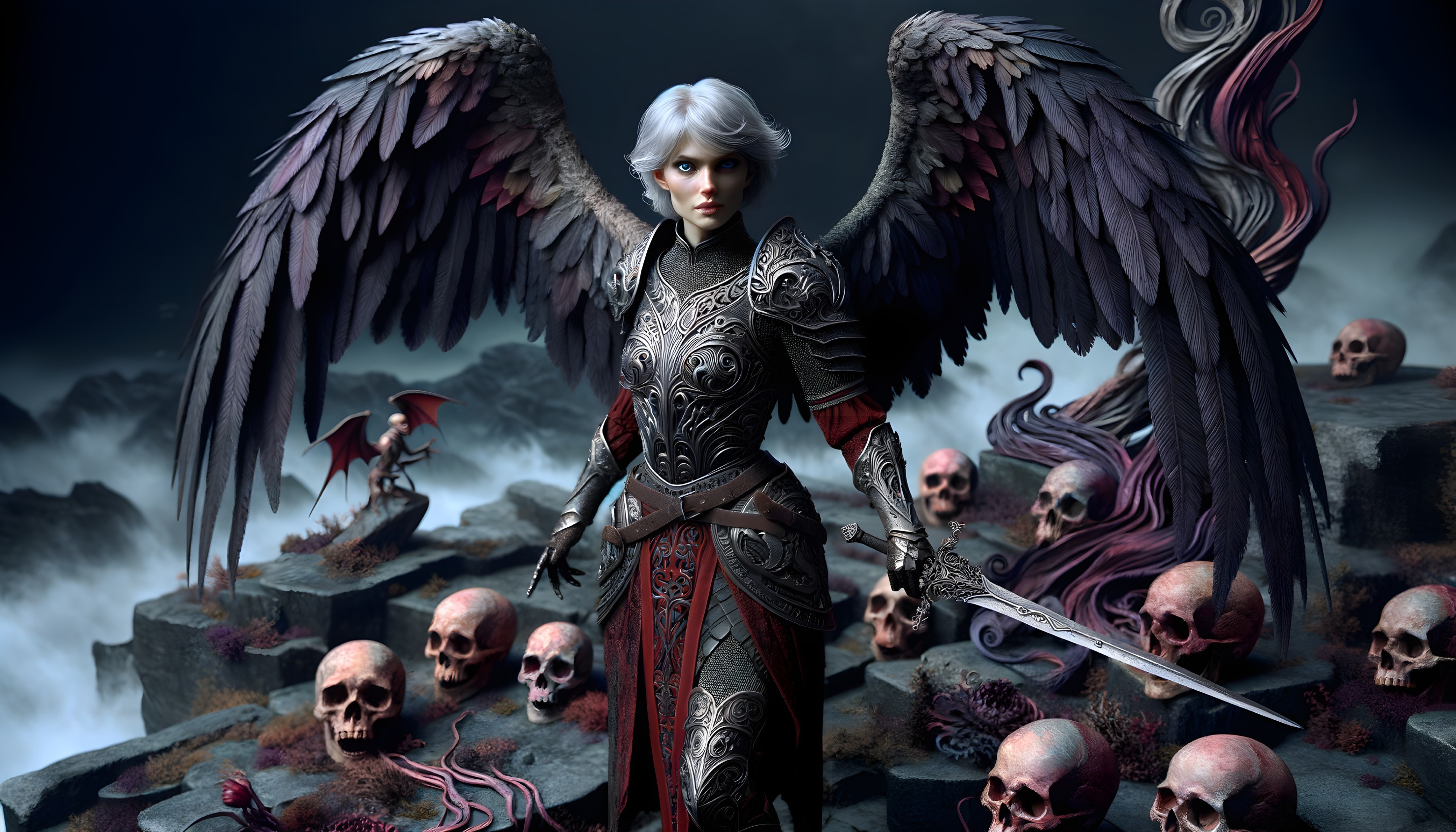 Fierce warrior with silver hair in dark landscape