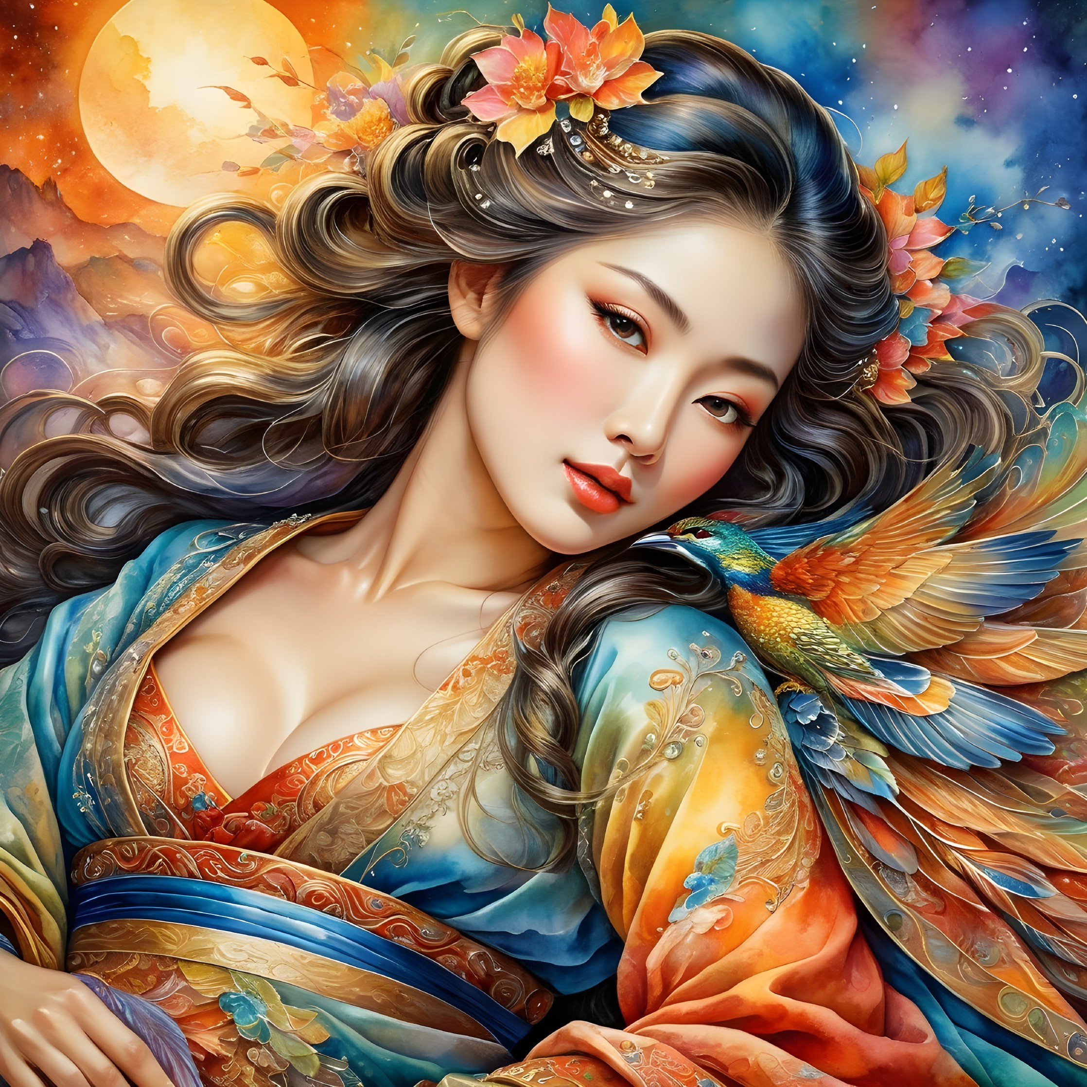 Portrait of a woman with autumn leaves and vibrant robe