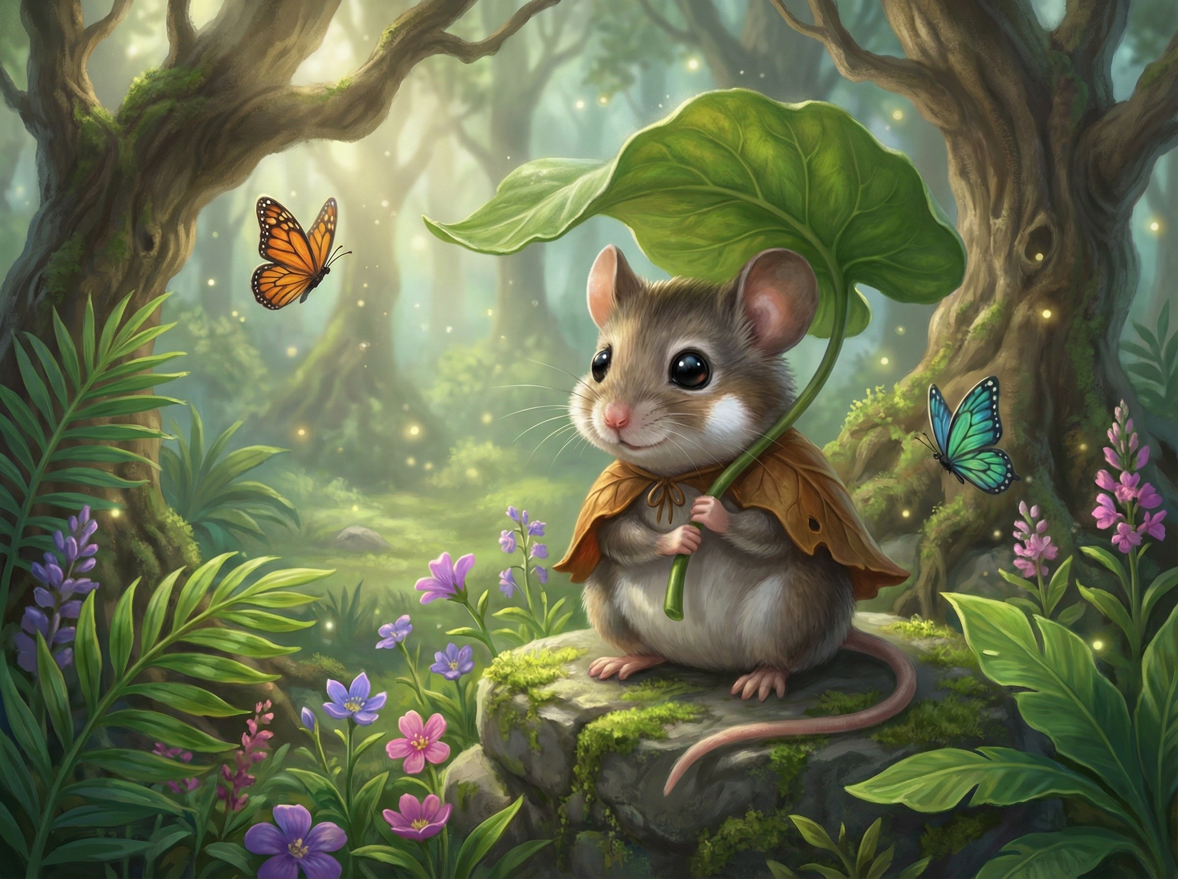 Adorable baby mouse in leaf cloak in vibrant forest