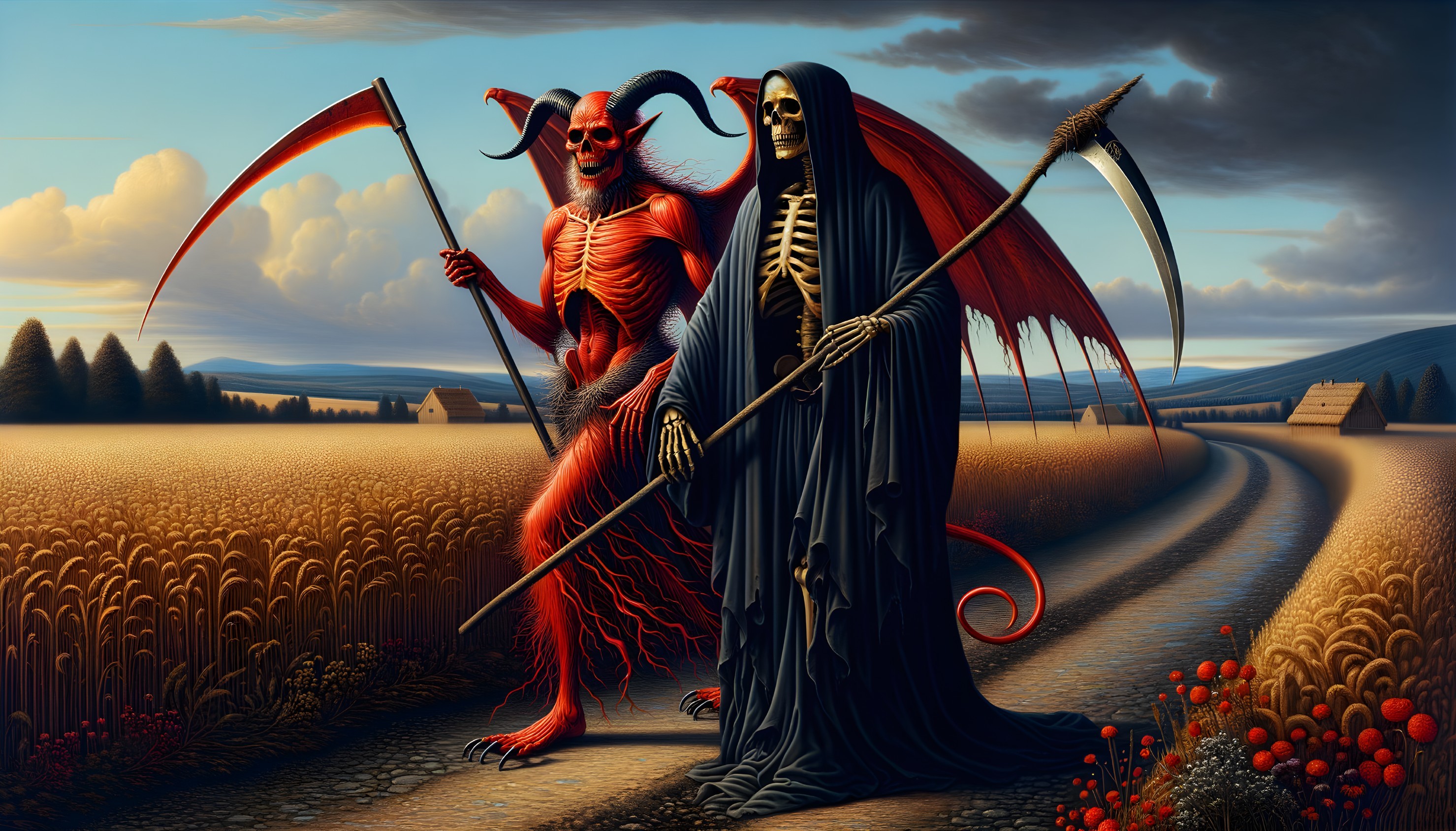 Skeletal Figures with Scythes in Sunset Field