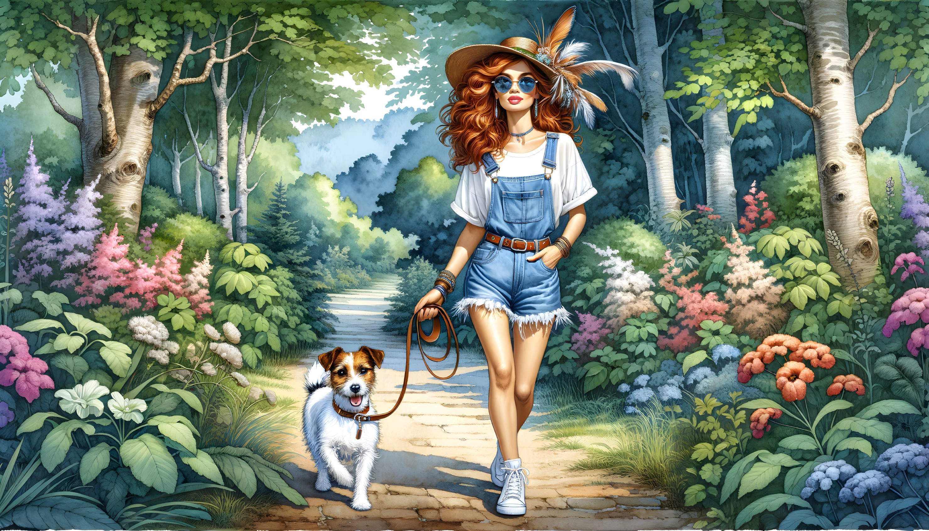 Stylish woman in denim overalls walking a dog outdoors