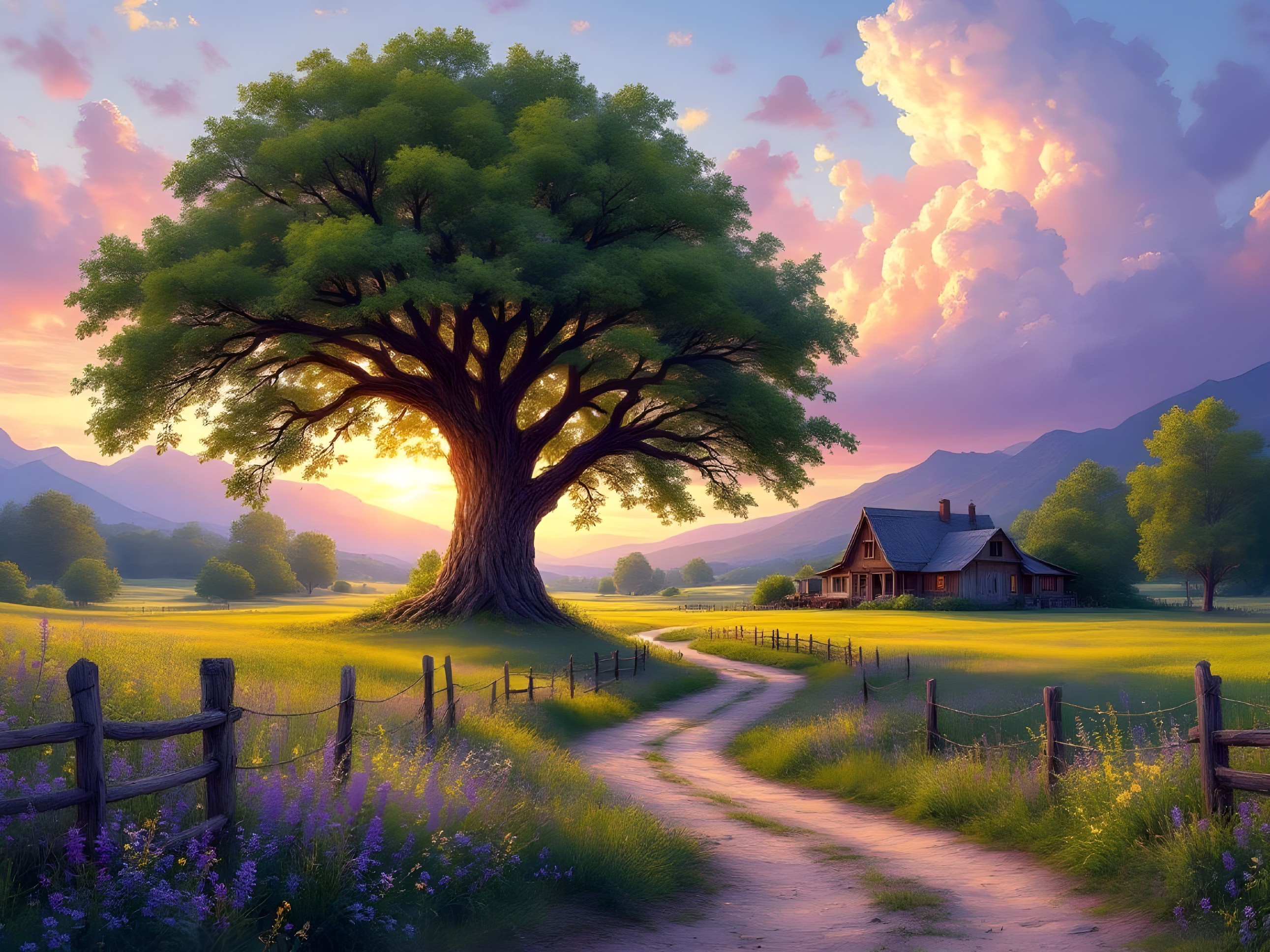 Lush Tree and Farmhouse at Sunset in Scenic Landscape