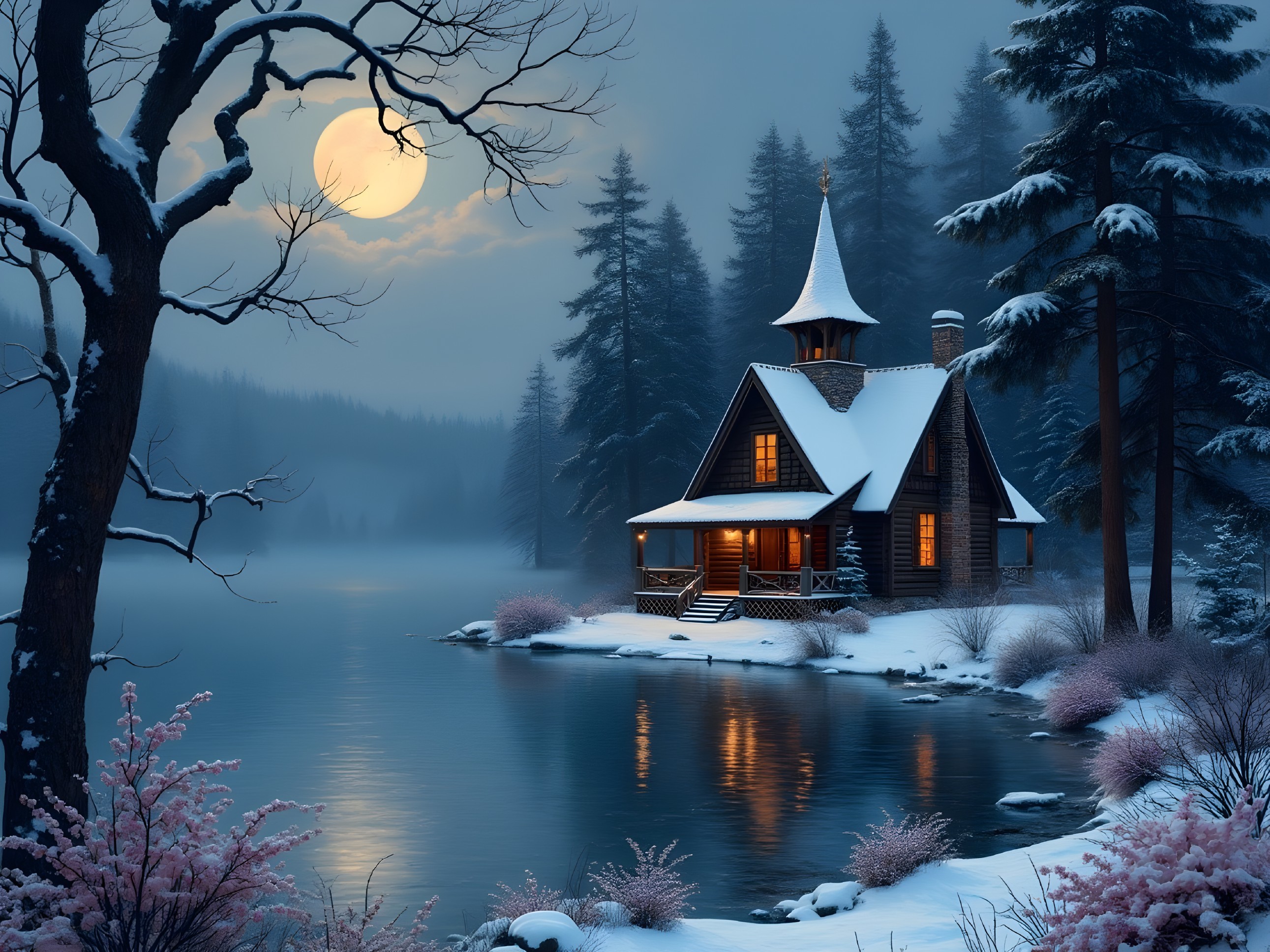 Winter Cabin by Reflective Lake with Moonlit Snow
