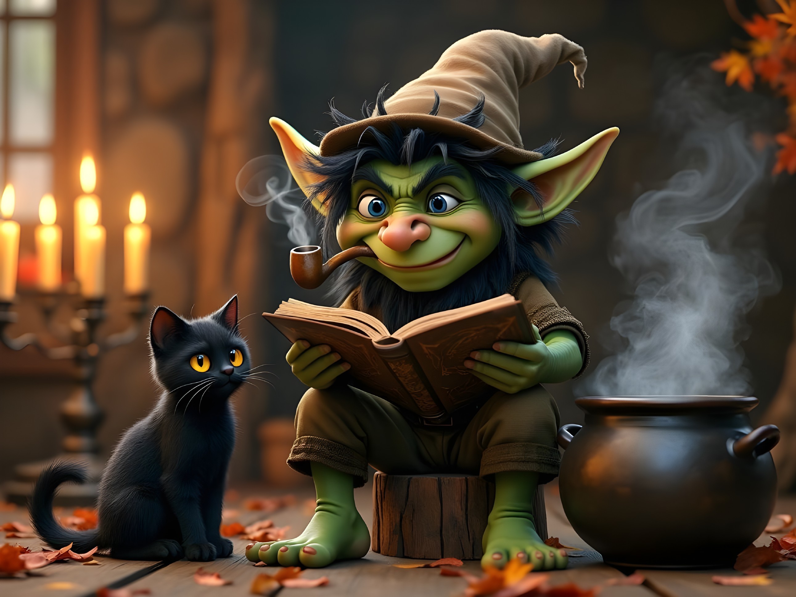Whimsical goblin reading with a cat in a cozy setting