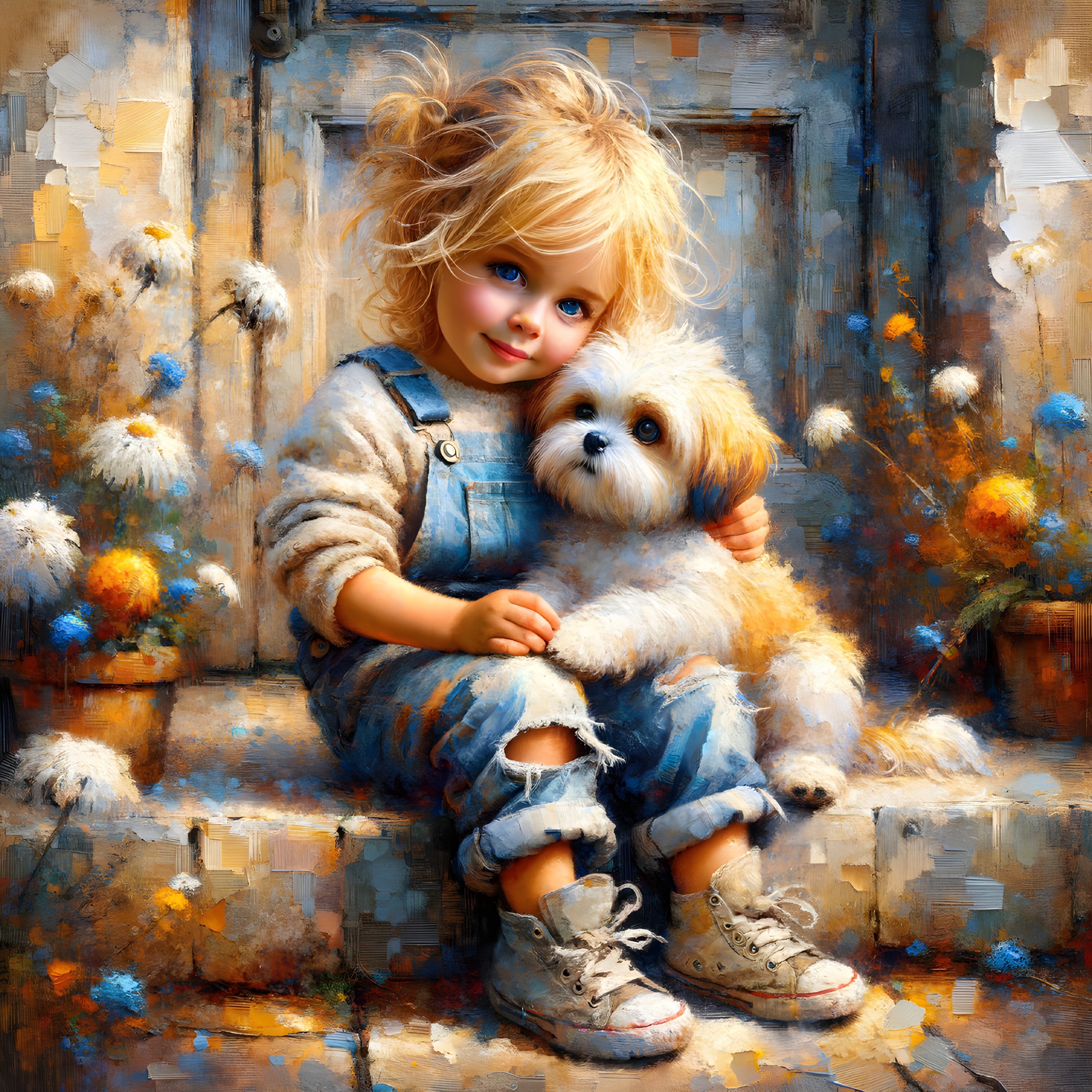 Cheerful girl with puppy on stone steps among flowers