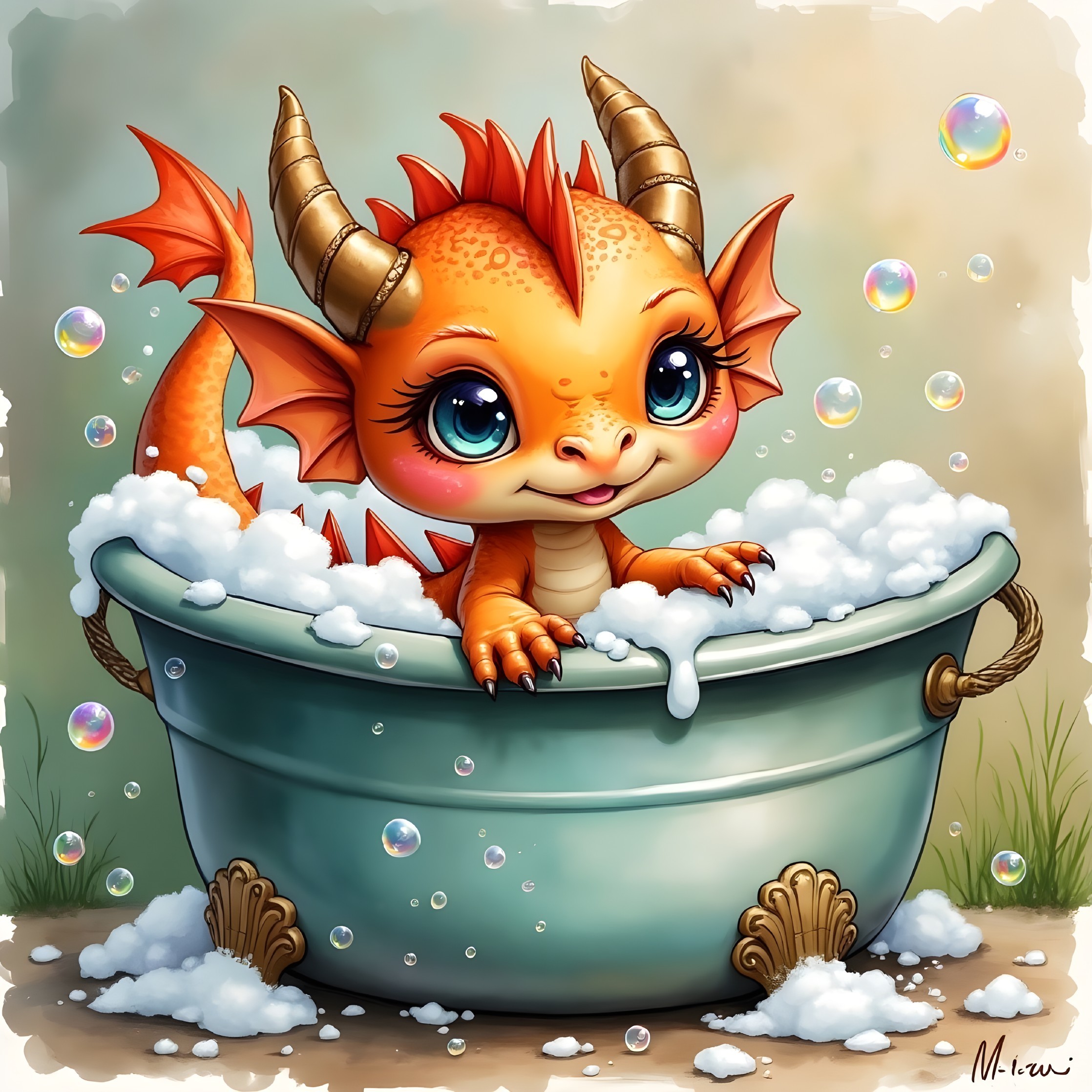 Cartoon Dragon in Vintage Tub with Bubbles