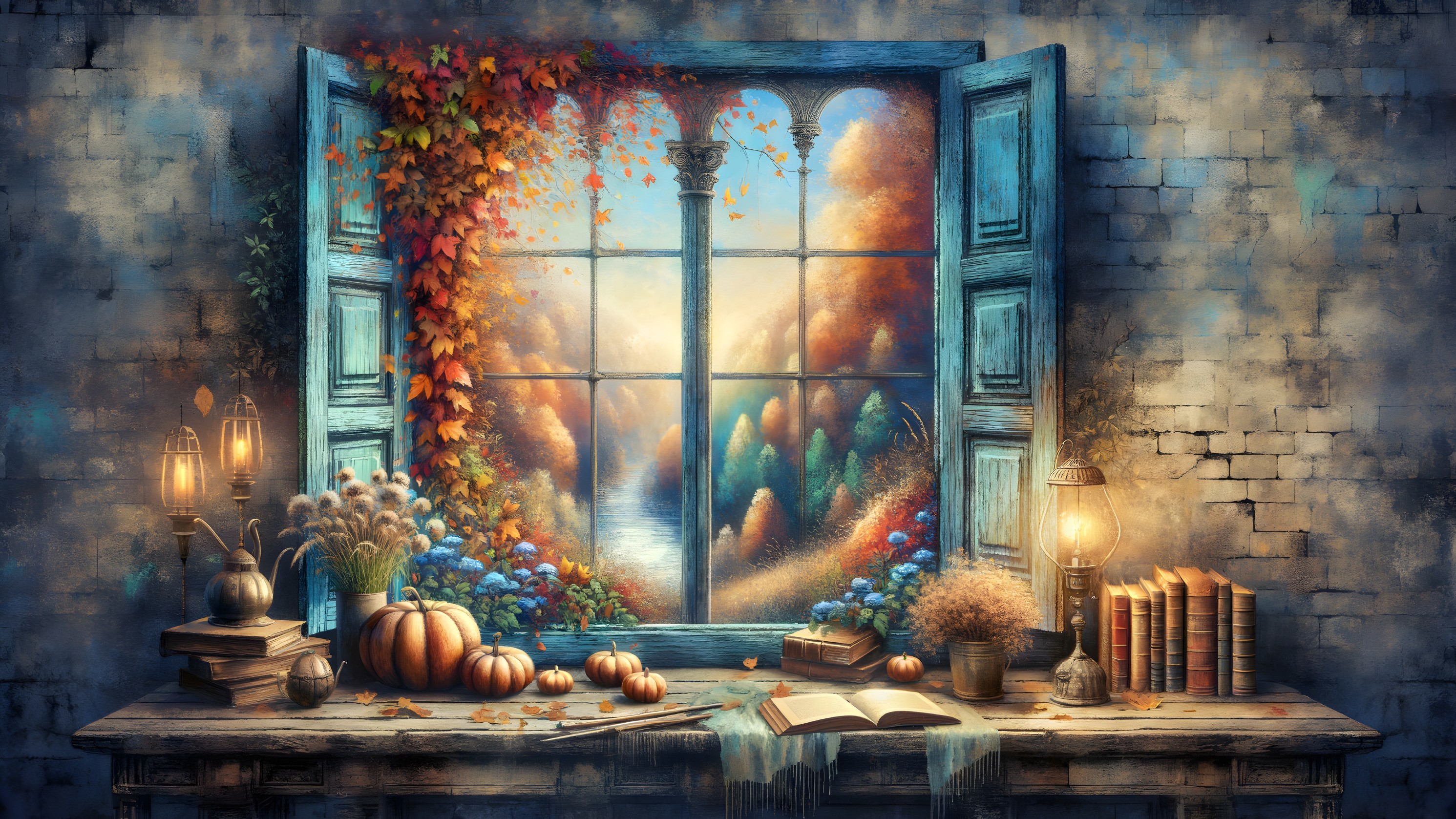 Autumn Window Scene with Leaves and Cozy Decor