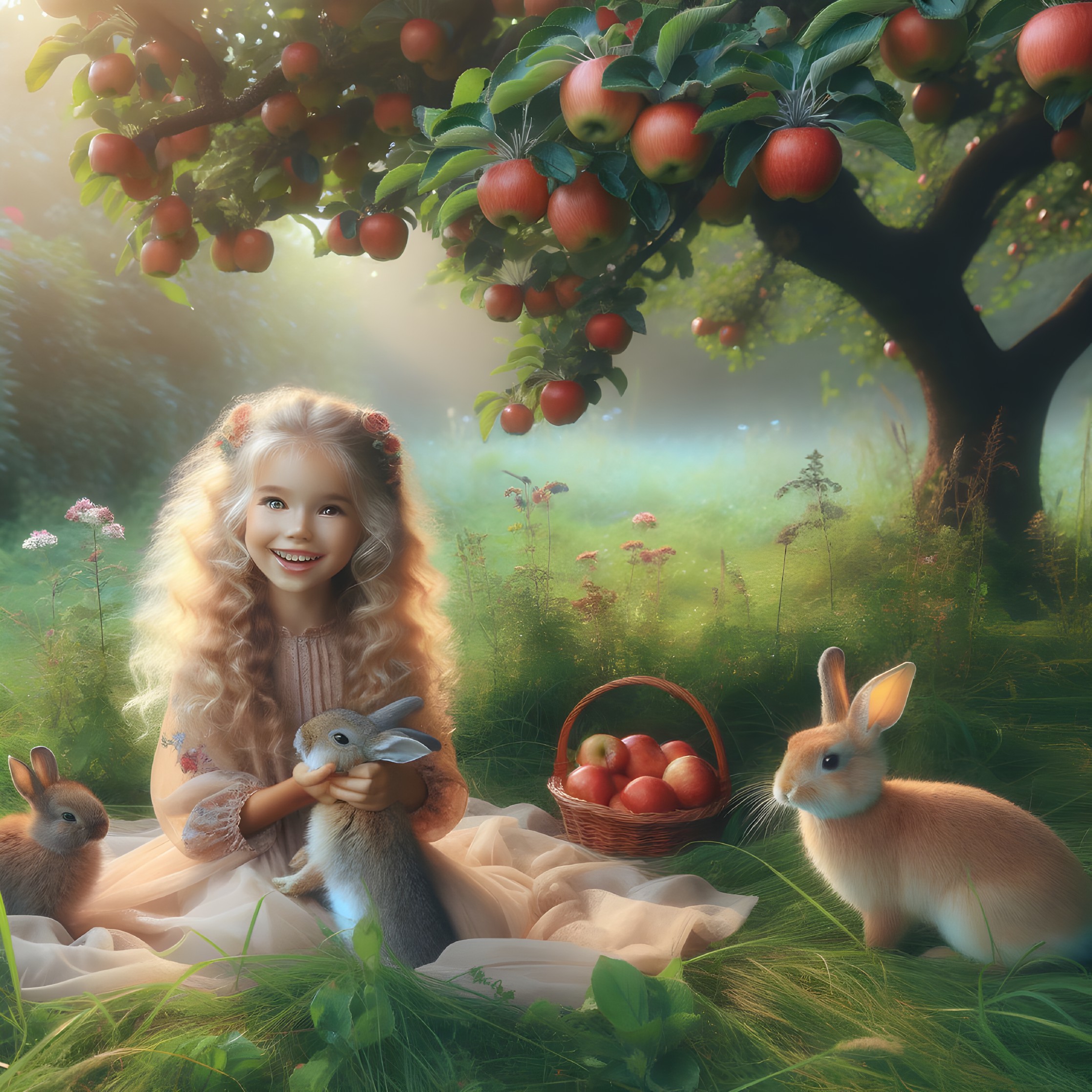 Blonde Girl with Rabbits in Apple Orchard