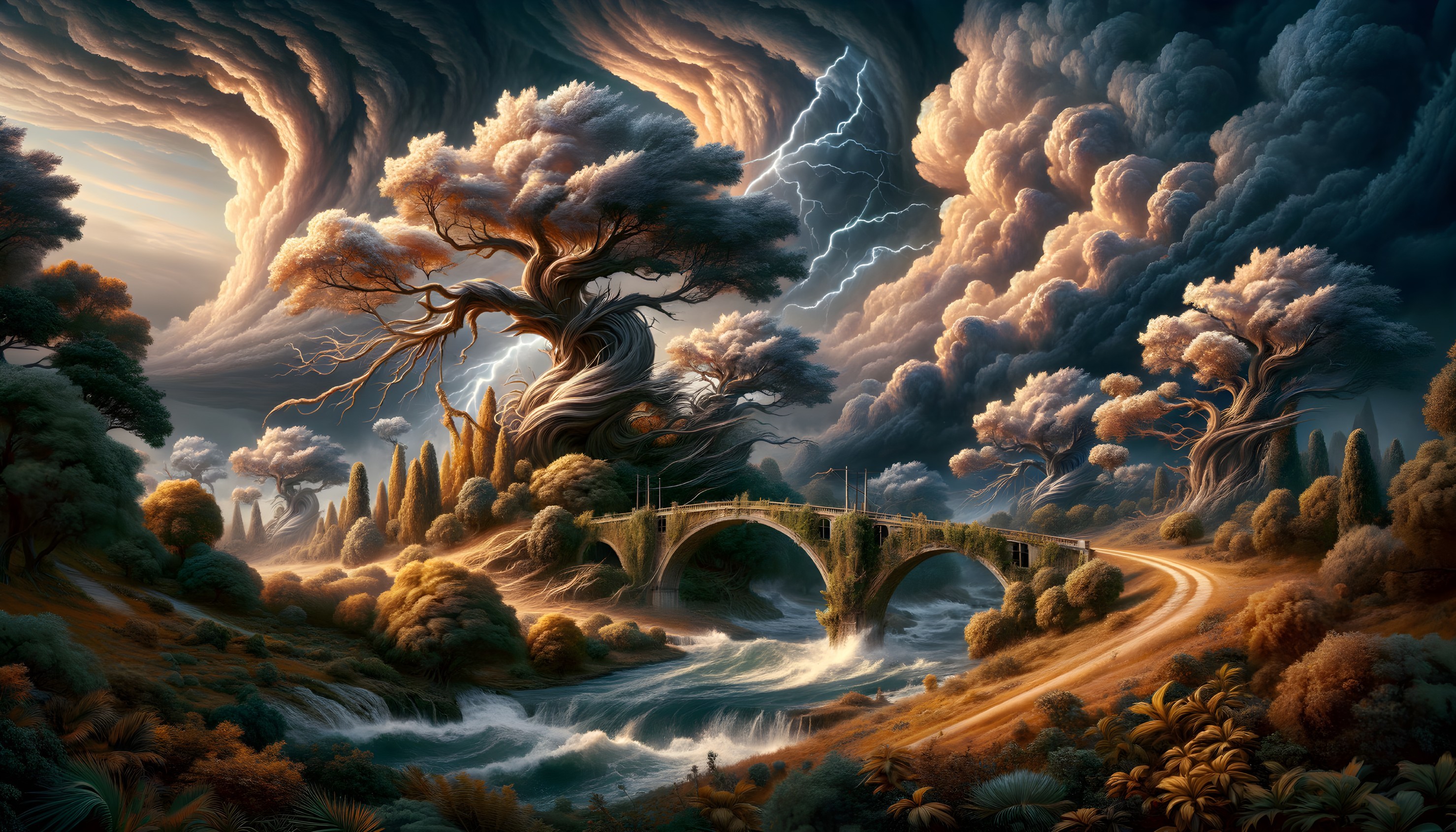 Majestic tree, stone bridge, rolling clouds, lightning strikes in ethereal landscape