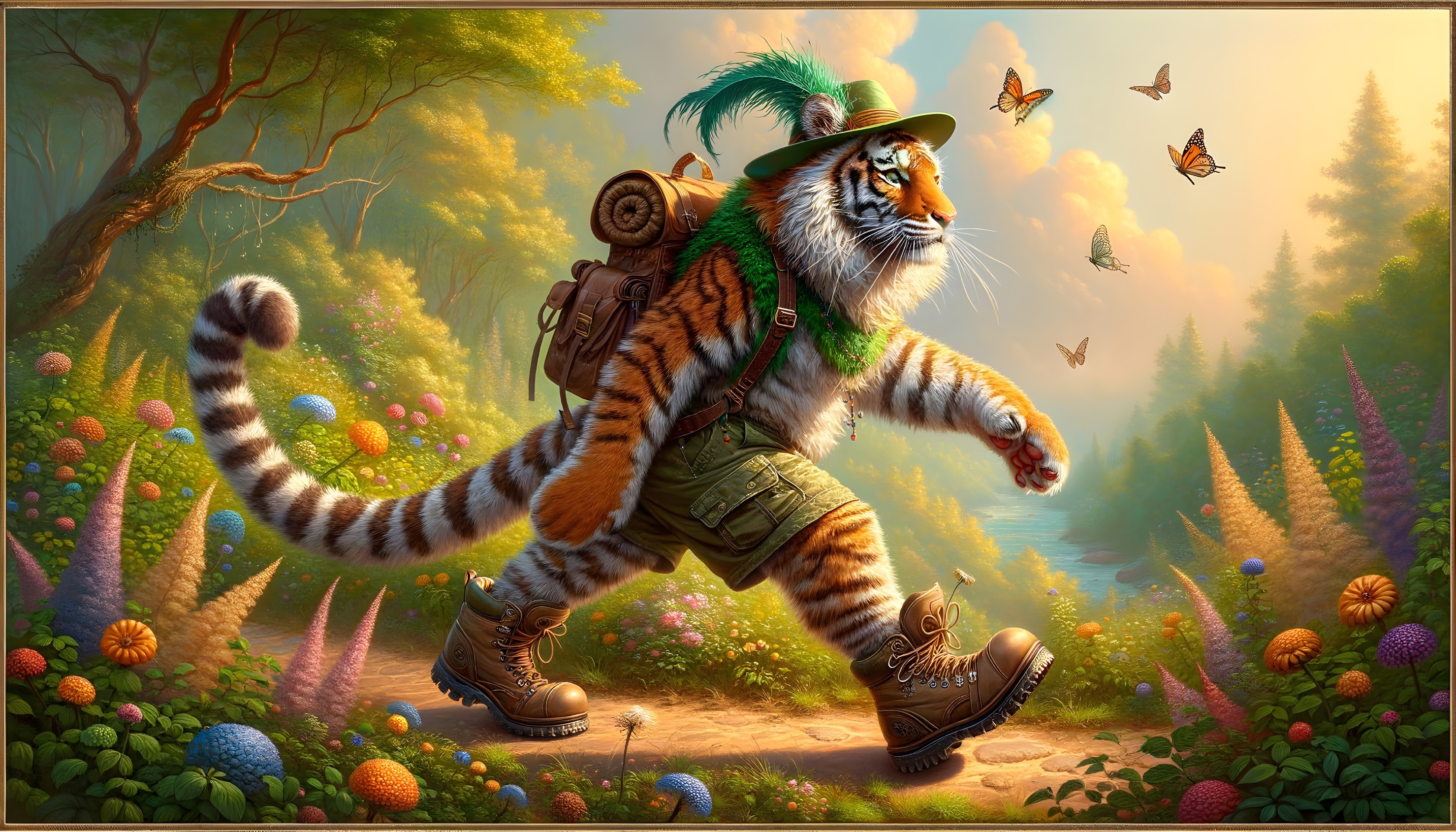 Tiger in Hiking Gear on a Colorful Forest Path