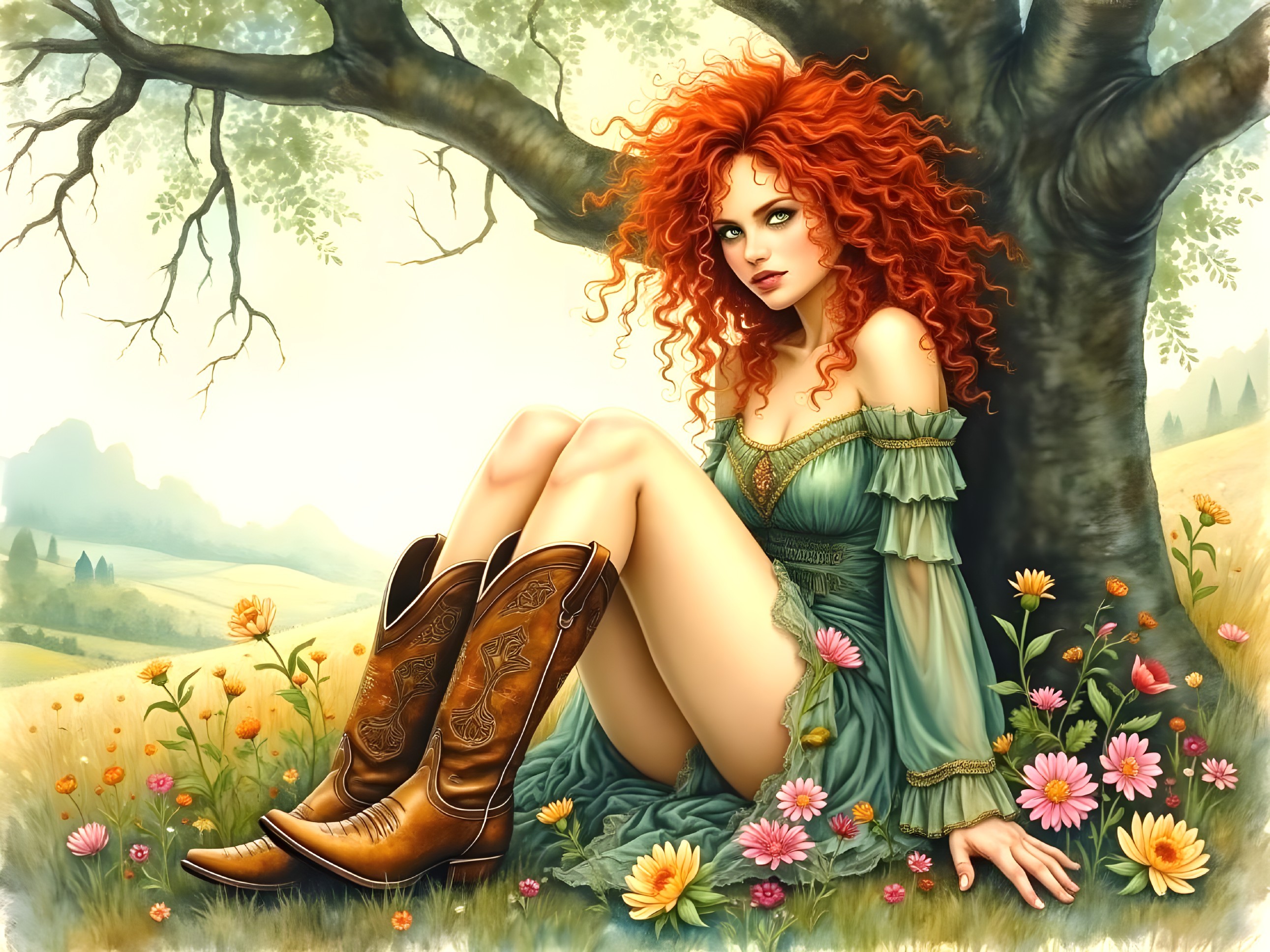 Whimsical Scene of a Woman in a Green Dress Outdoors