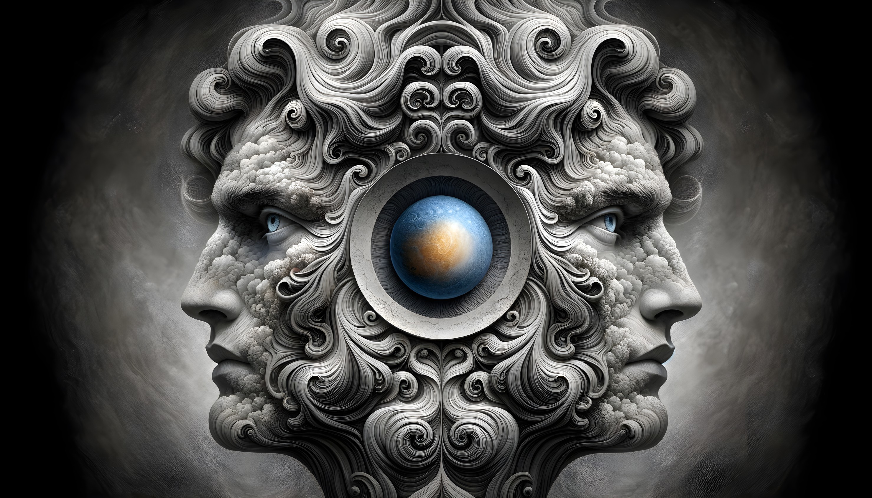 Surreal Sculpture with Intricate Faces and Planet Element