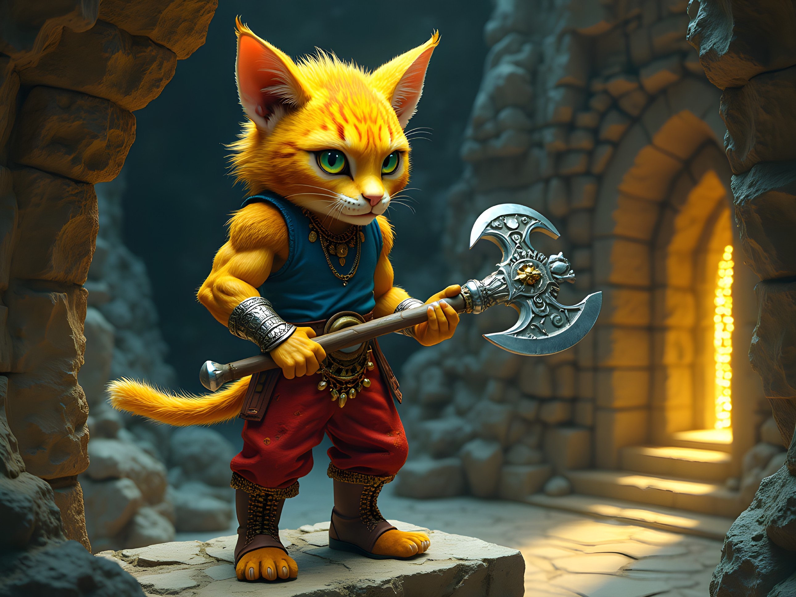Fierce anthropomorphic cat in ancient stone corridor