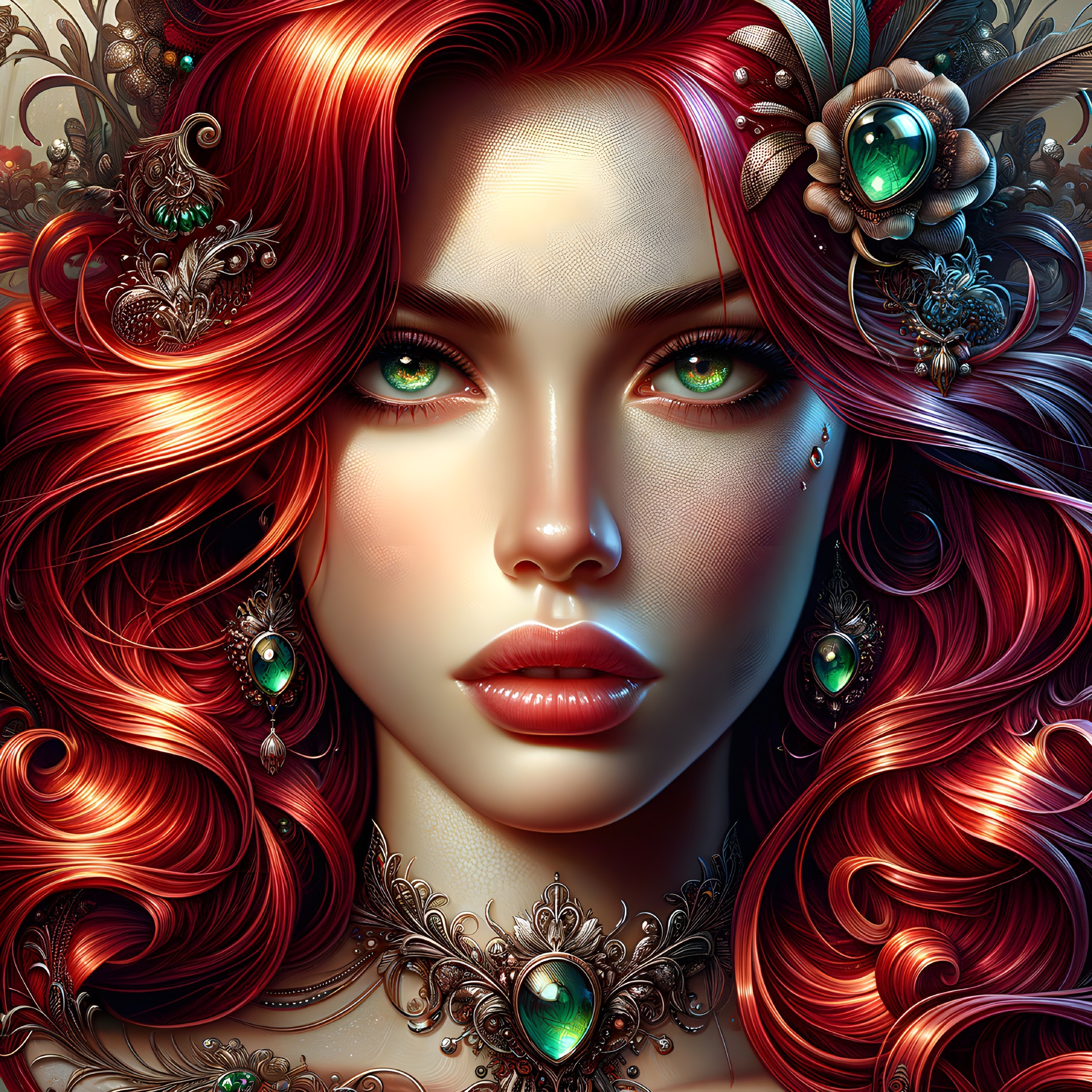 Portrait of a woman with emerald eyes and red hair