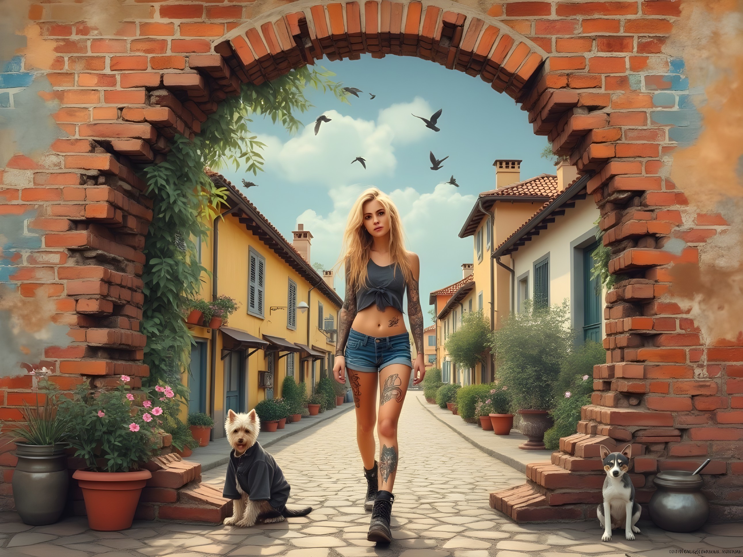 Young woman with dogs in a colorful street setting