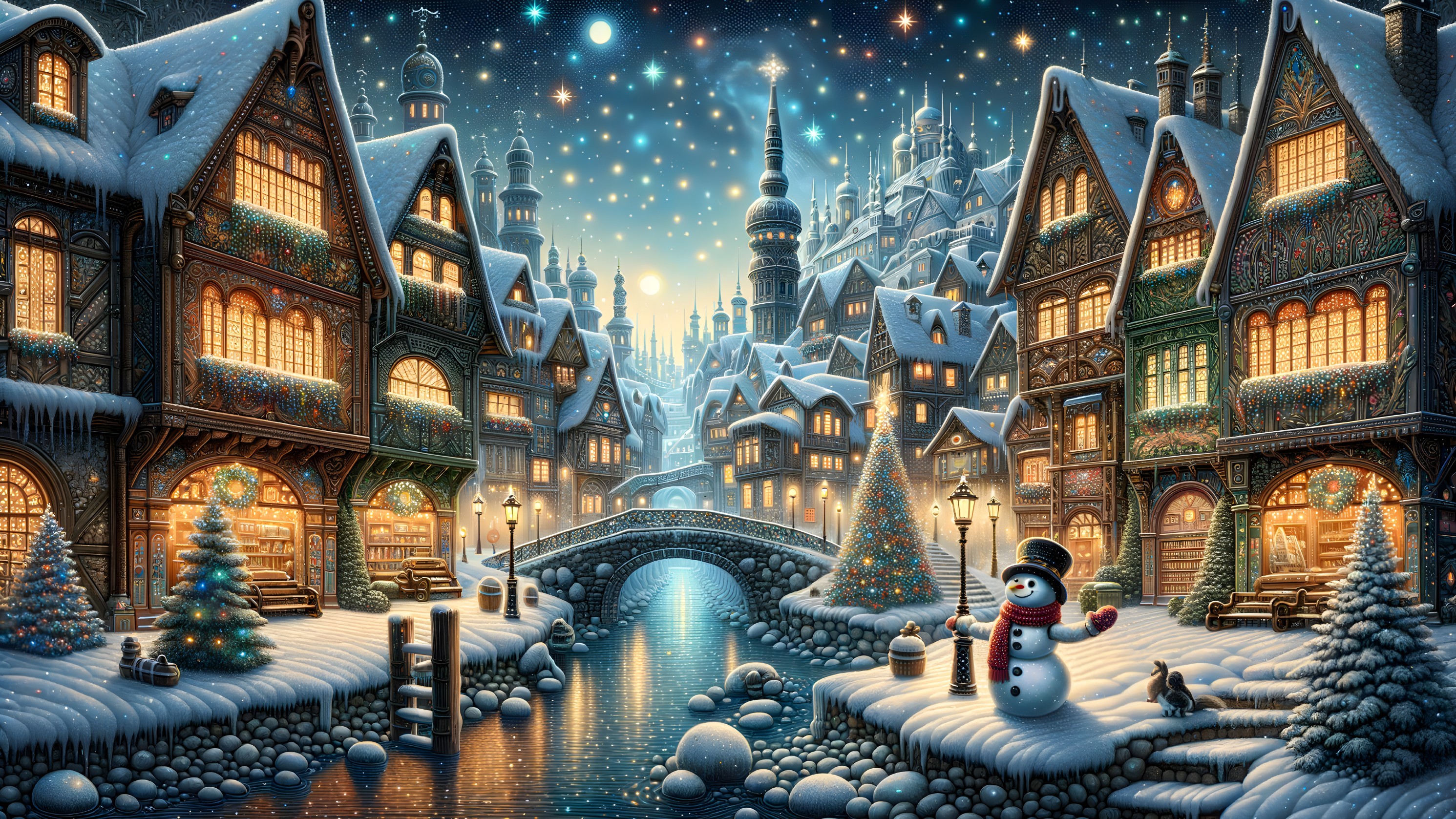 Winter Village Scene with Snow-Covered Cottages