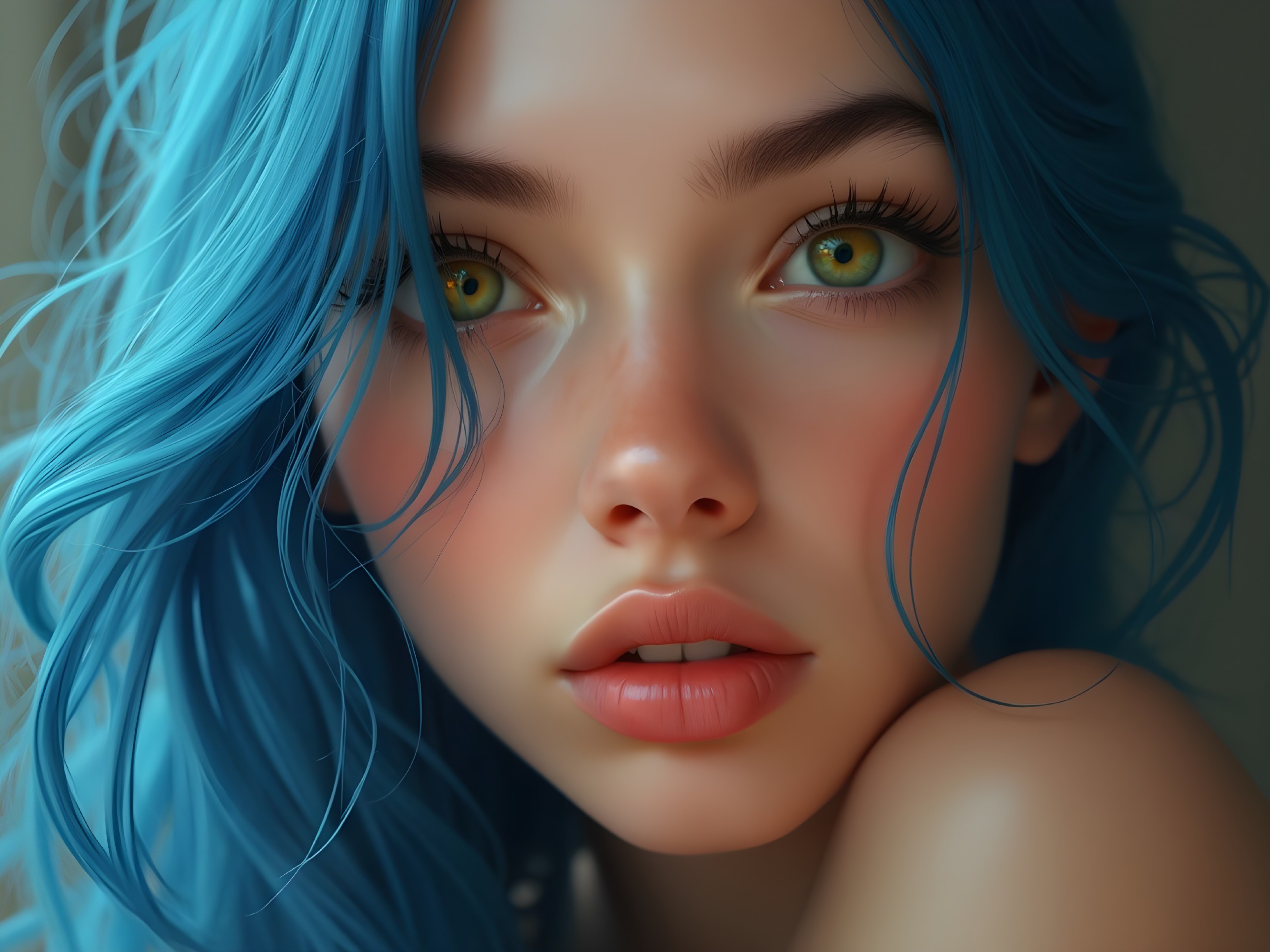 Close-up Portrait of a Young Woman with Blue Hair