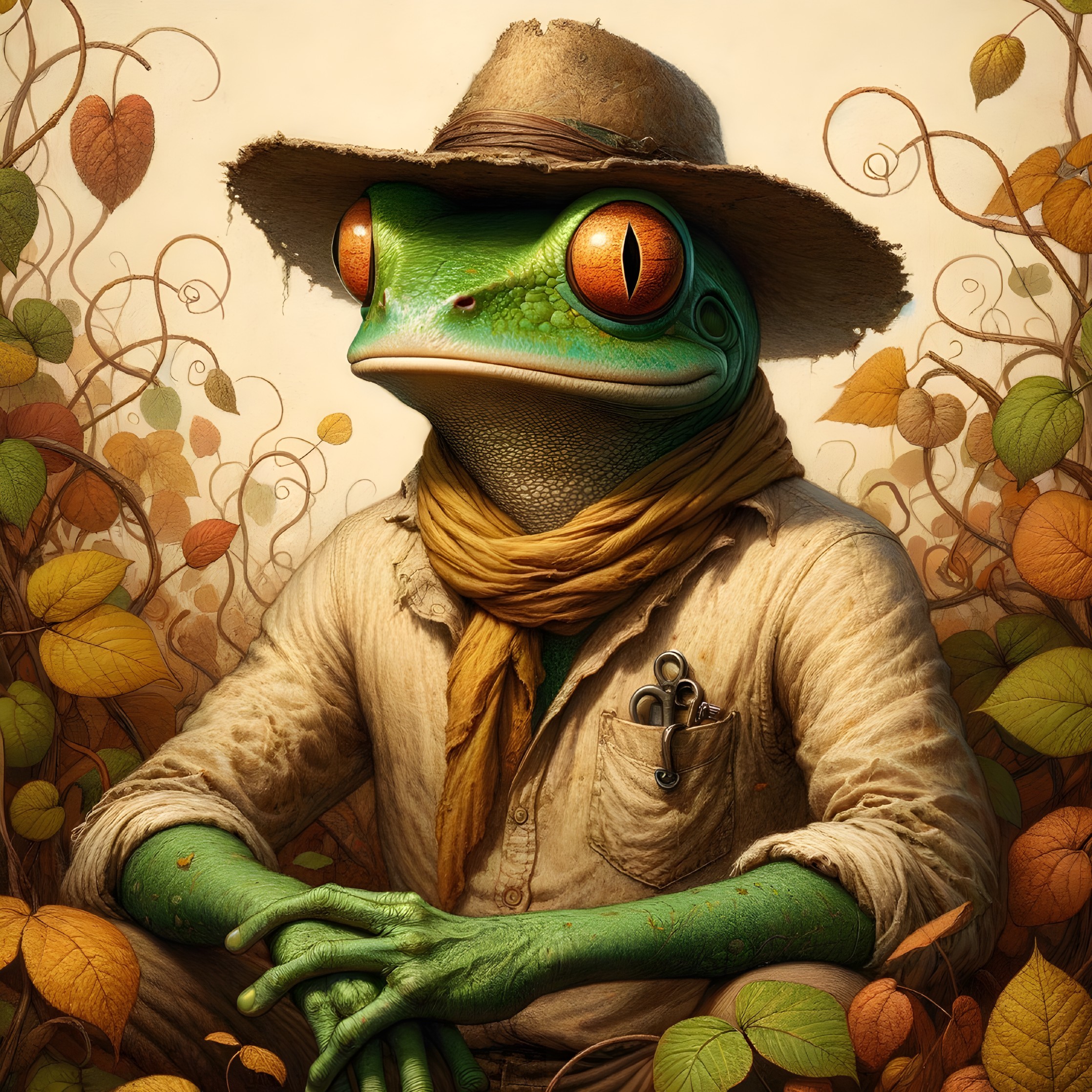 Anthropomorphic frog in hat amidst vibrant greenery