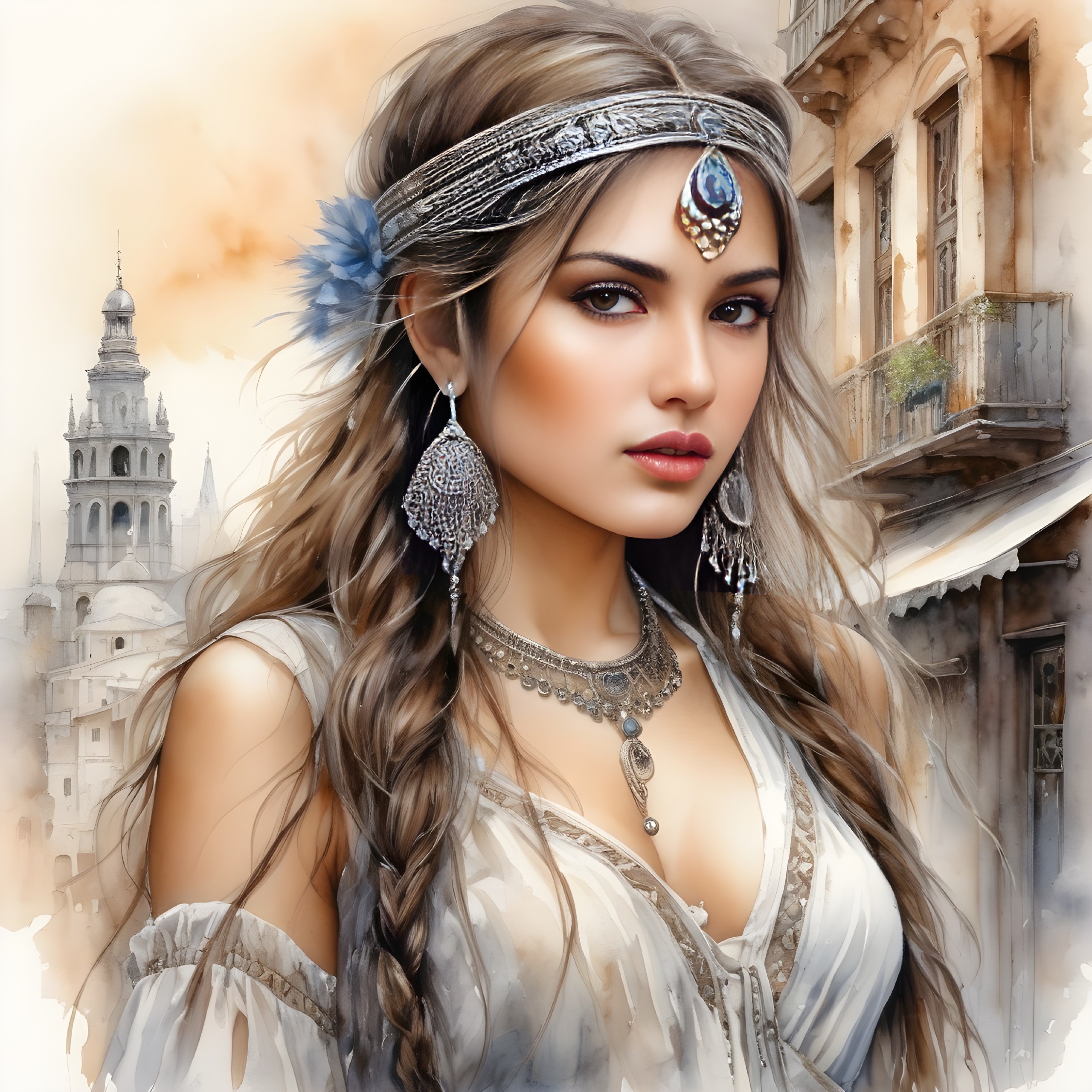 Young Woman with Jewelry in Historic Street Scene