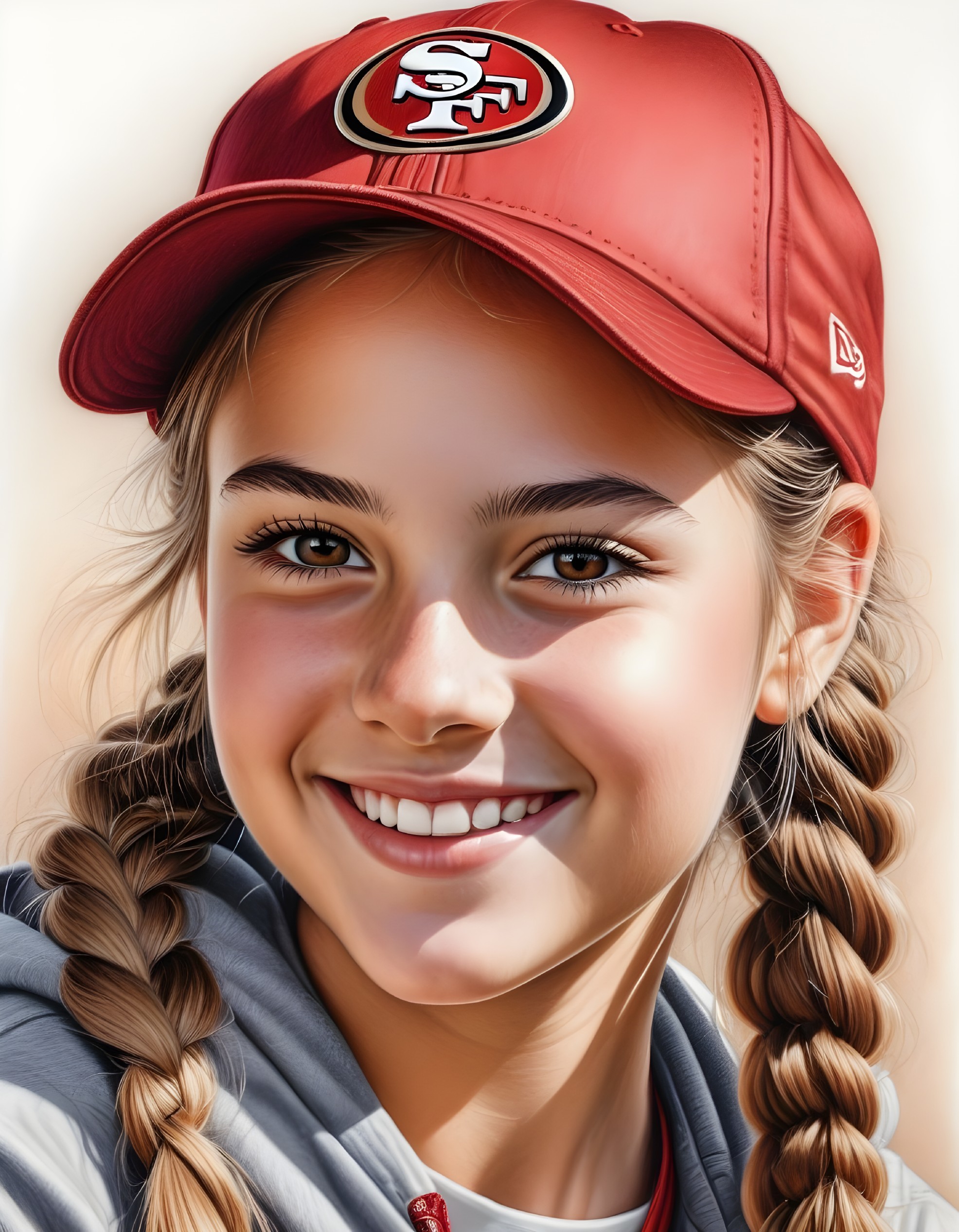 Young girl in red 49ers cap with braided hair