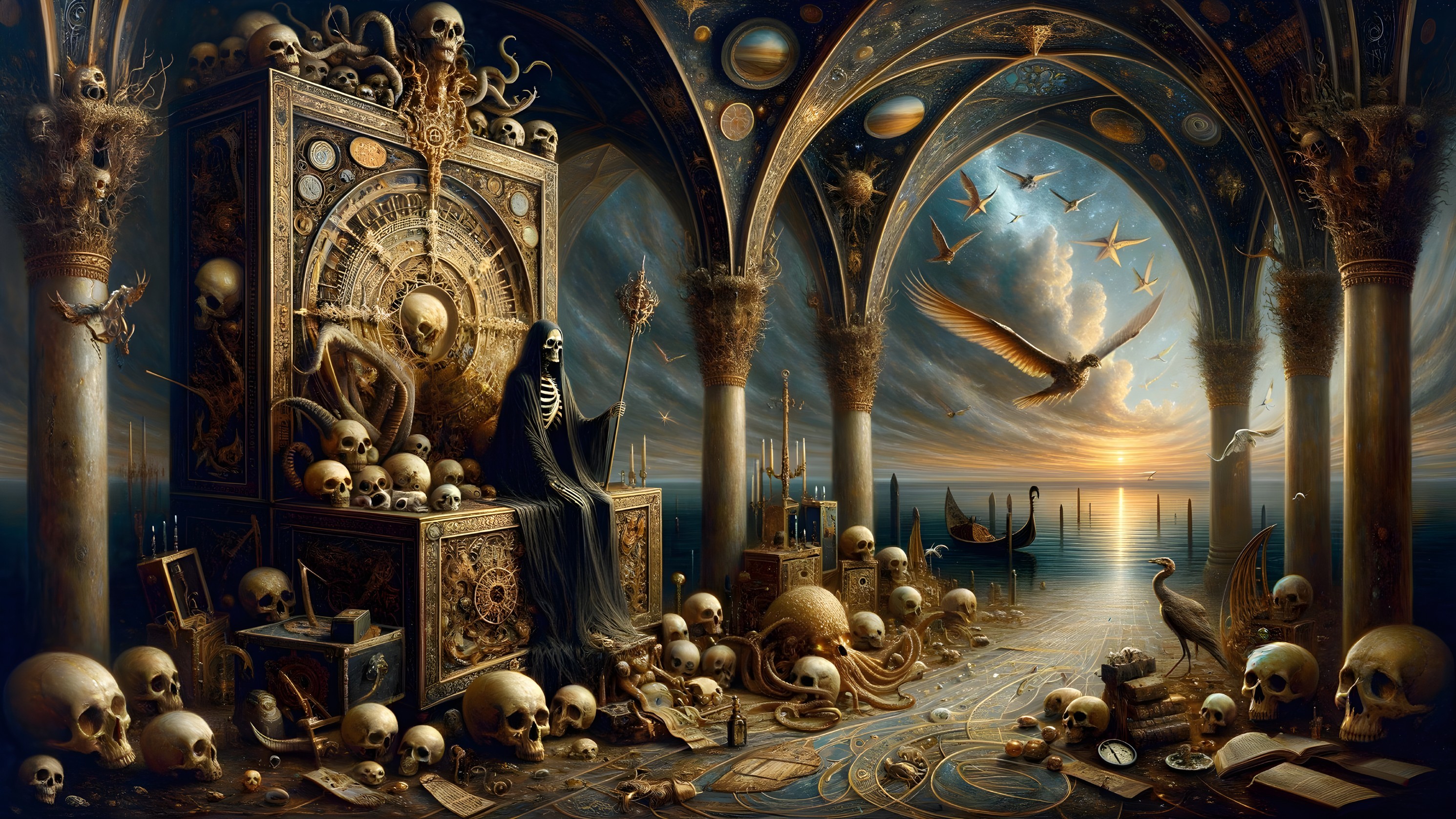 Skeletal Figure on Throne in Gothic Surreal Landscape