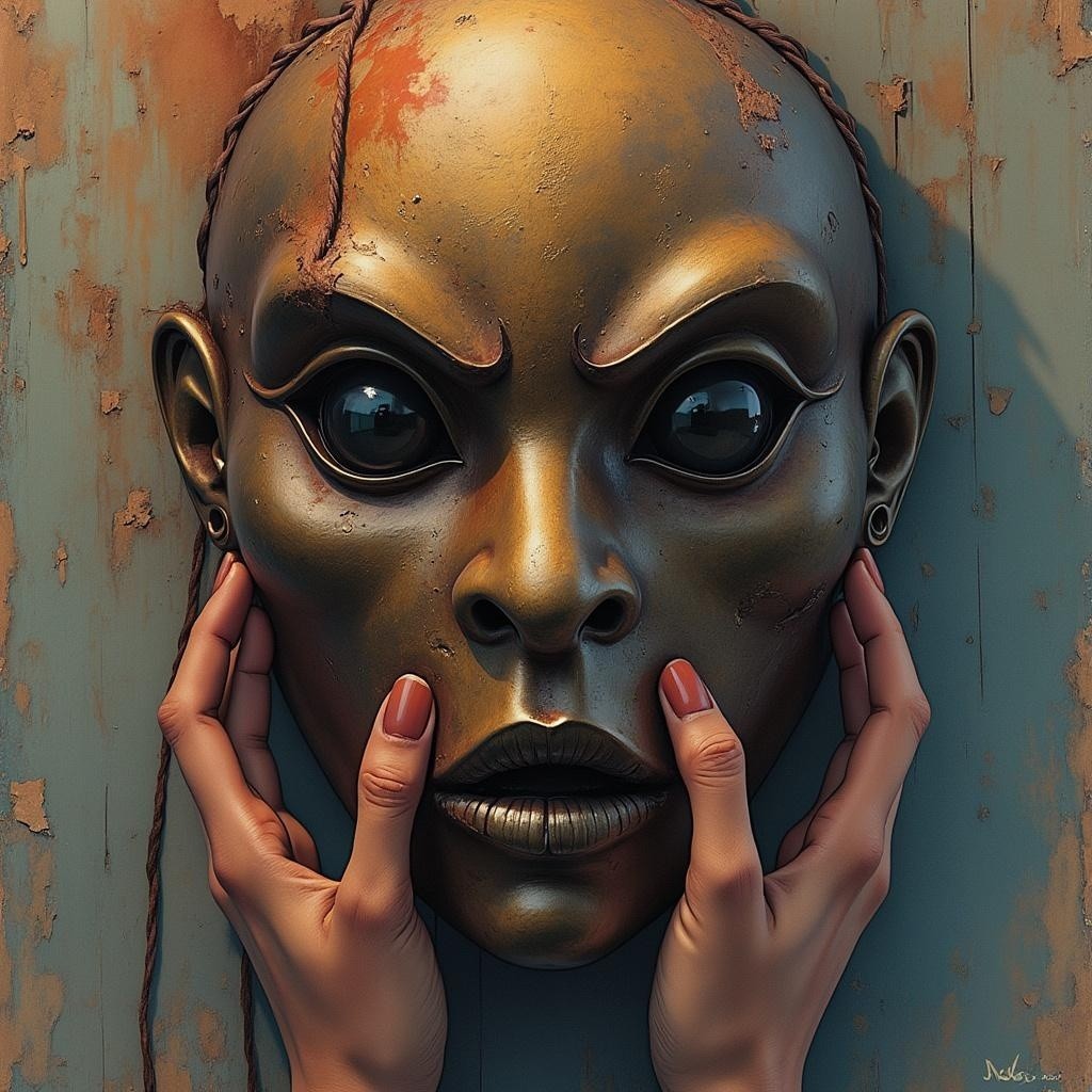 Bronze Mask with Exaggerated Features and Painted Hands