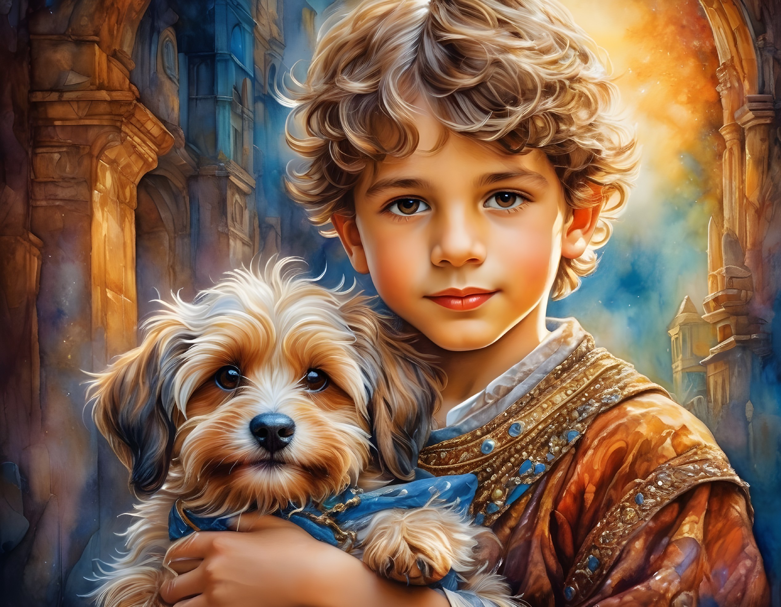 Young boy with dog in ornate setting and warm glow